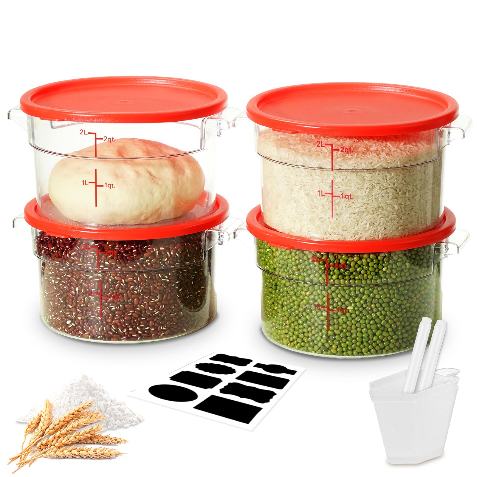 4QT NSF Food Storage Containers: 8 PCS [Food Grade][Hot&Cold Resistant] Commercial Clear Food Storage Containers with Lids for Restaurant Kitchen Proof Dough, Measuring Spoons Included(BPA FREE)