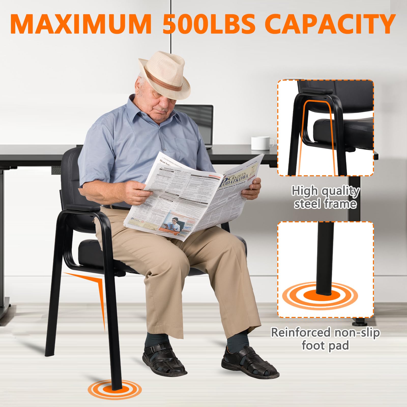 CLATINA Big & Tall 500 lbs Leather Office Reception Chair No Wheels with Padded Arms, Waiting Room Guest Chair for Elderly Home Desk Conference Room Lobby Side Salon Clinic, Black