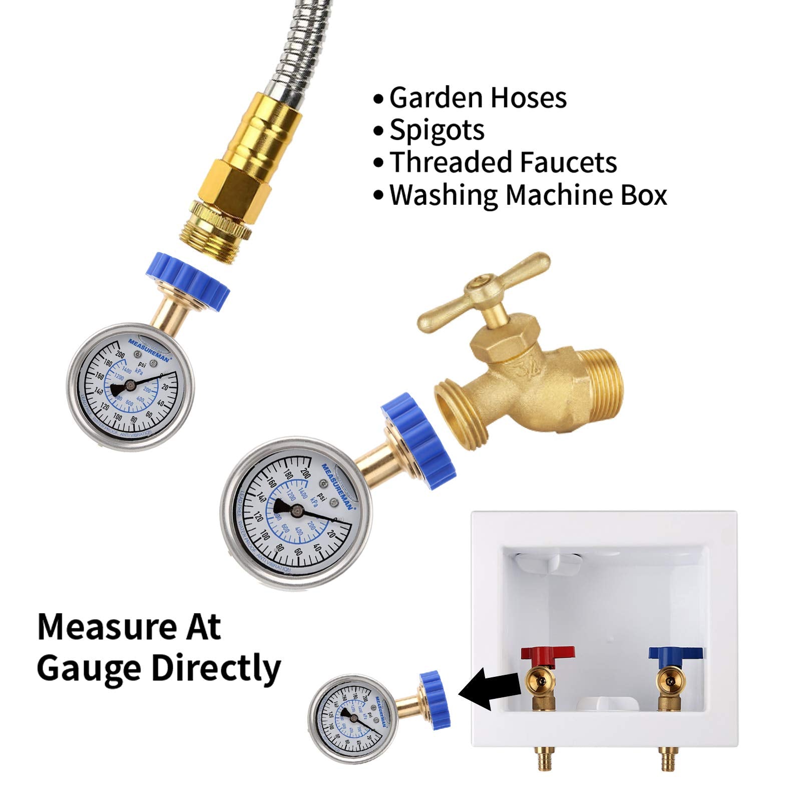 MEASUREMAN 2" Water Pressure Test Gauge, 3/4" Female Hose Thread, 0-200 psi/kpa with Maximum Pressure Memory (Pack of 2)