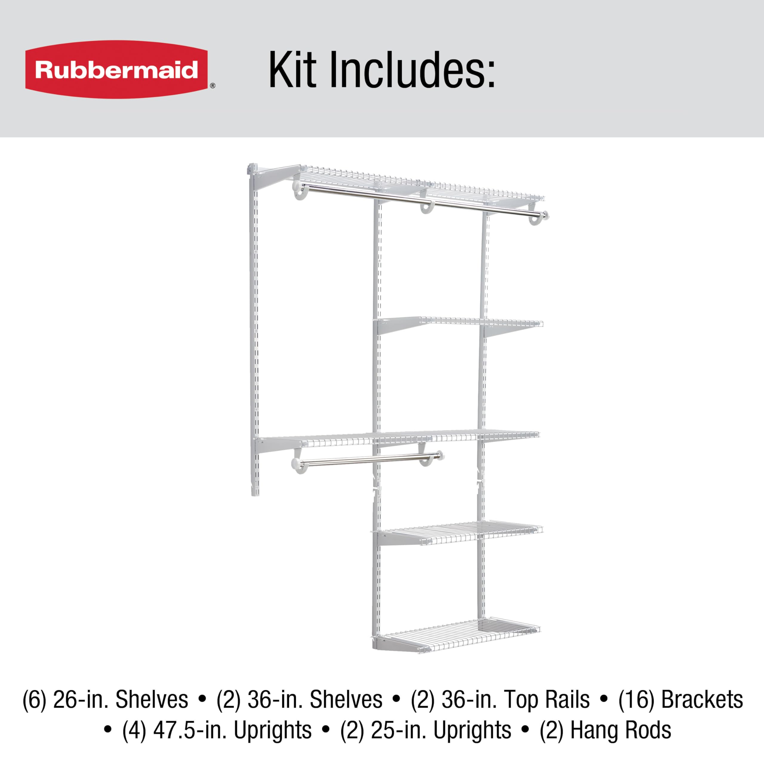 Rubbermaid Configurations Deluxe Custom Closet Kit, 3-6 Ft. Adjustable Metal Wire Shelving, Titanium Finish, Expandable Organization System, Hardware Included, for Home Closet/Pantry/Laundry/Mudroom