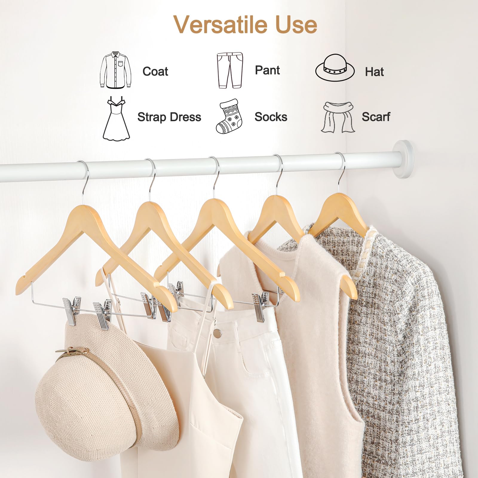 TOPIA HANGER Wooden Suit Hangers with Adjustable Metal Clips (10 Pack), Solid Wood Clothes Hangers, 360° Swivel Hook, Premium Retro Finish Pants Hangers for Clothes Coat, Jeans, Blouse-CT28A