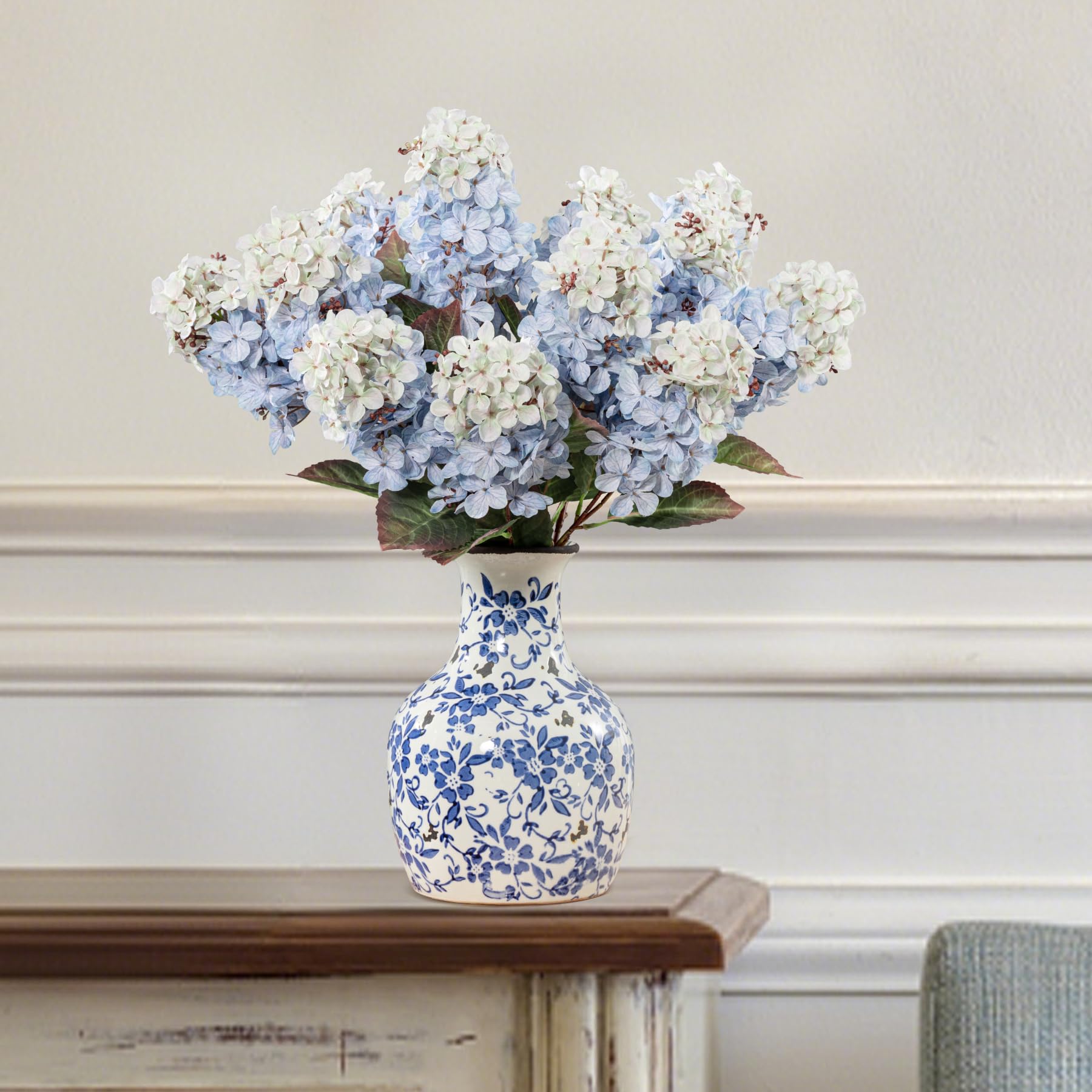 Ttranewsoo Hydrangea Artificial Flowers,Fall Hydrangeas Artificial Flowers,Blue Fake Fall Dried Hydrangea Flowers Decoration,Faux Silk Flower with Stems Winter Decor(Blue 24" 8pcs) Without Vase
