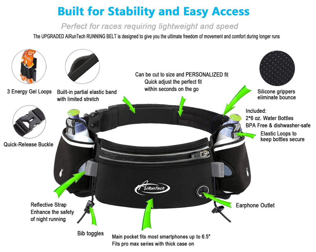 AiRunTech Hydration Running Belt with Water Bottle, Running Fanny Pack for Phone and Wallet Holder, Running Bag Runners Essentials Accessories Marathon Triathlon Walking Jogging Gear Gift