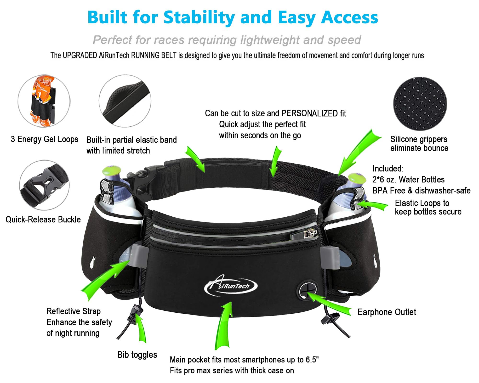 AiRunTech Hydration Running Belt with Water Bottle, Running Fanny Pack for Phone and Wallet Holder, Running Bag Runners Essentials Accessories Marathon Triathlon Walking Jogging Gear Gift