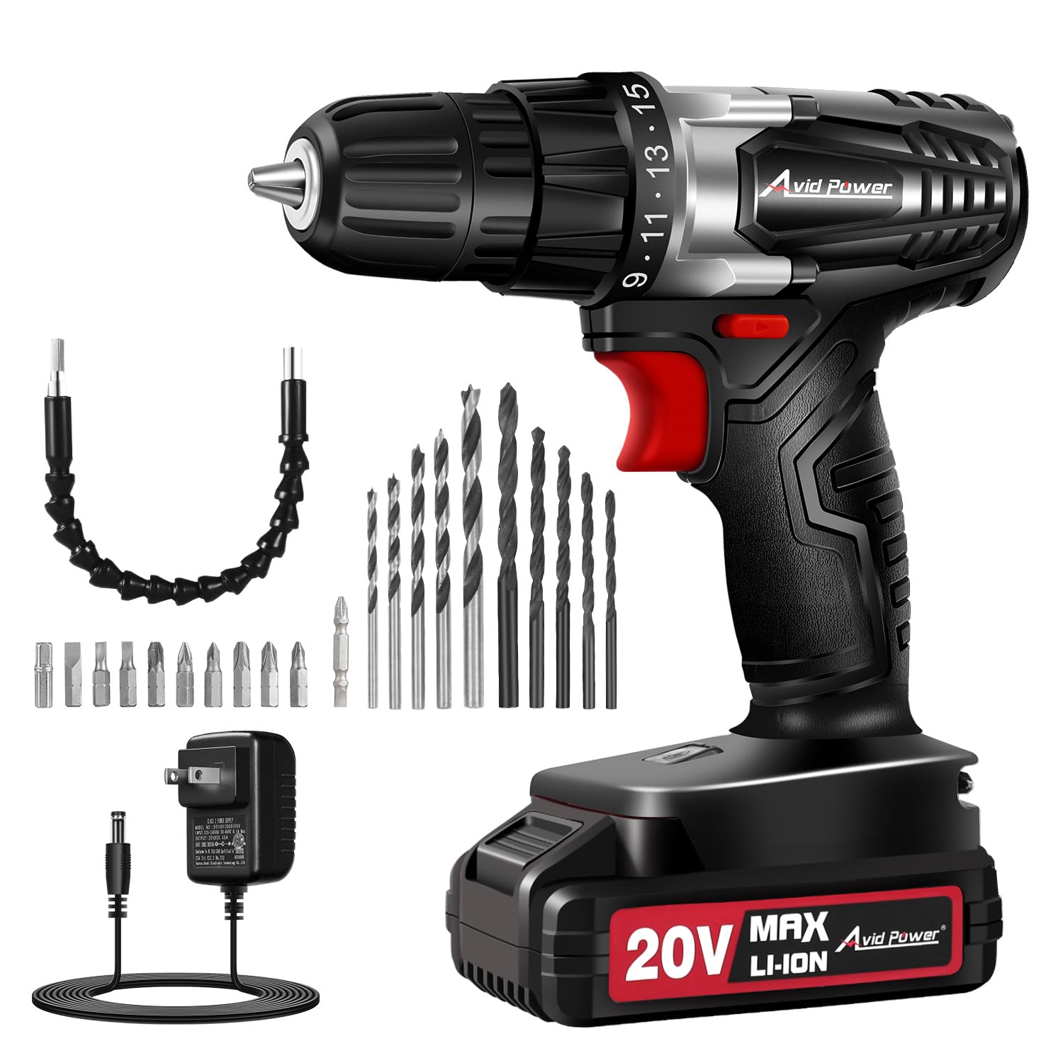 AVID POWER 20V MAX Power Drill Kit, Cordless Drill Set with Battery and Charger, 2 Variable Speed, 3/8-Inch Keyless Chuck, 19 Position and 22pcs Bits