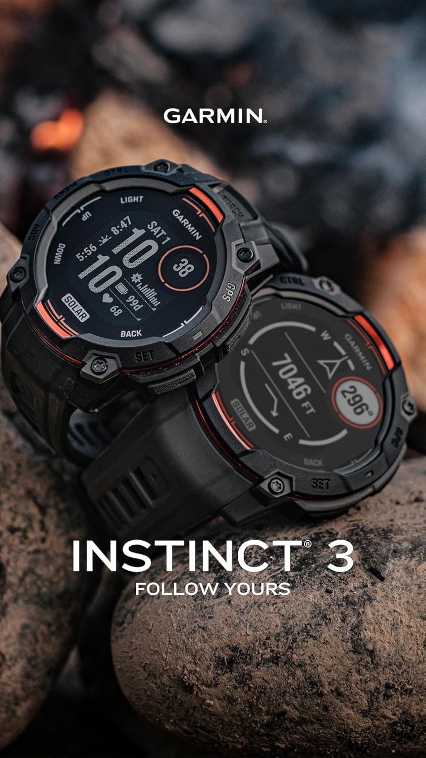 Garmin Instinct 3 50mm, Solar Charged Display, Rugged Outdoor GPS Smartwatch, Metal-Reinforced Bezel, Built-in Flashlight, Charcoal (010-02935-00) with Earbuds Bundle