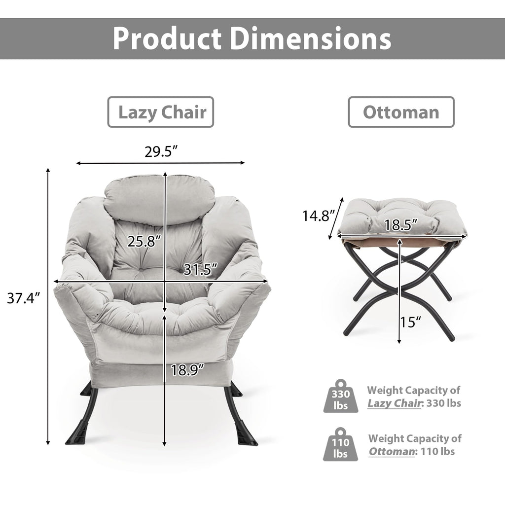 Youtanic Lazy Chair with Folding Ottoman, Accent Chair Velvet Upholstered with Metal Structure and Non-Slip Pads, Sofa Armchair with Footrest and Side Storage Bag for Dorm, Room, Office, Beige