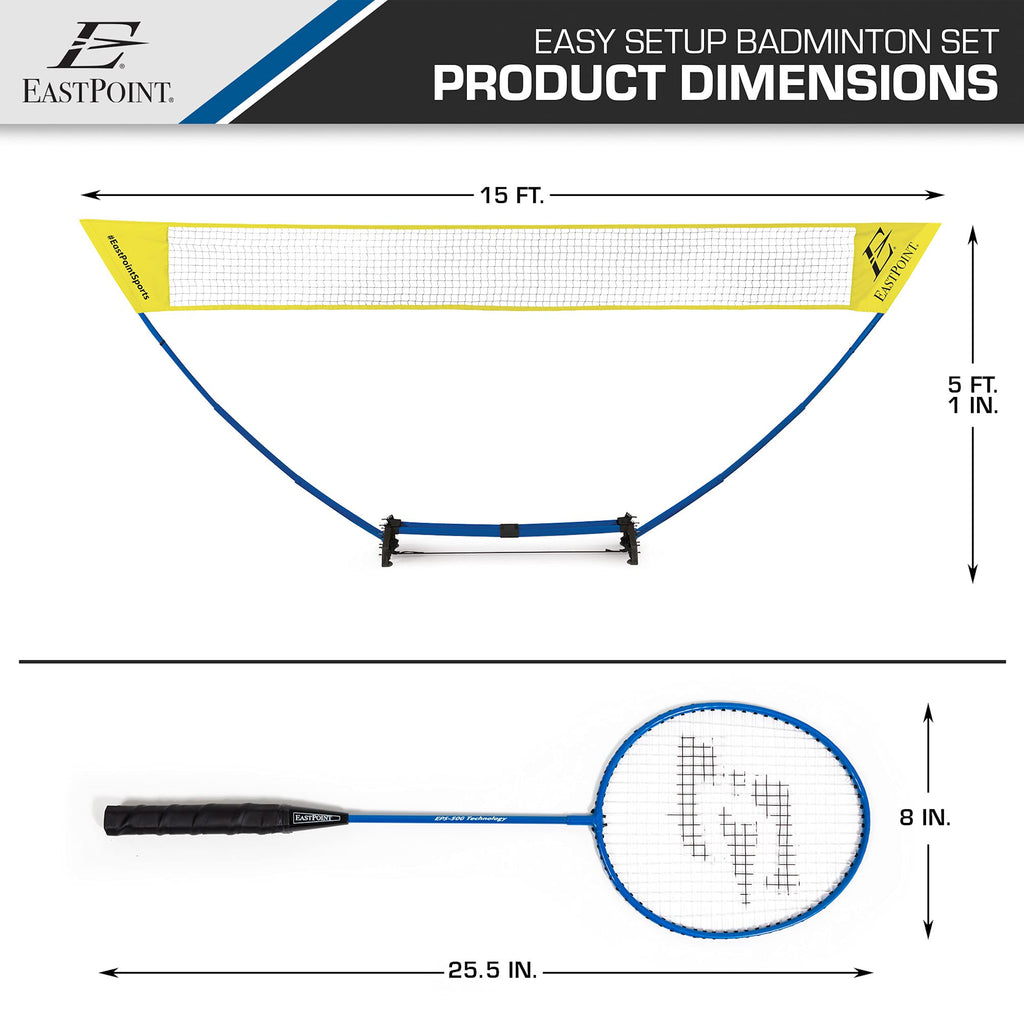 EastPoint Easy Setup Badminton Set - 15 ft Net, 4 Rackets, 2 Shuttlecocks - Quick Setup Net for Backyard Games - Steel Shaft Badminton Rackets for Family Games - Durable Shuttlecocks for Outdoors
