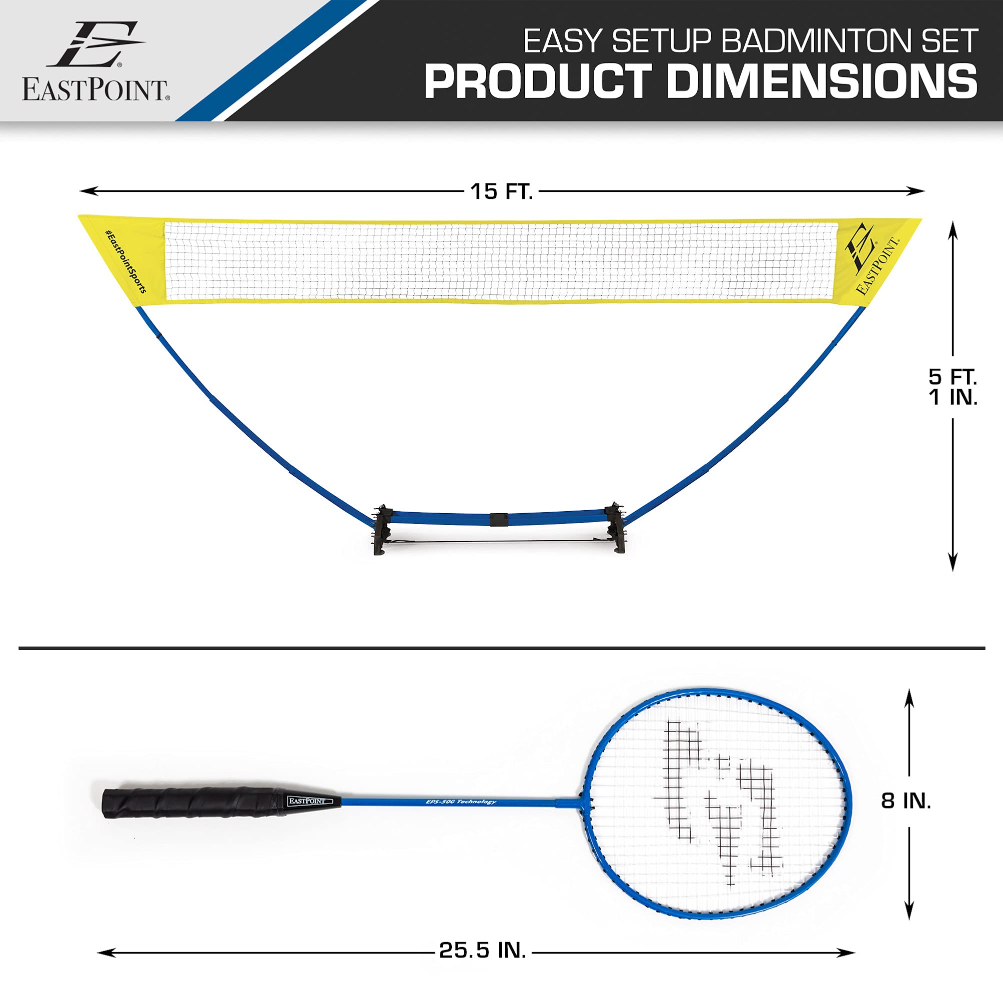 EastPoint Easy Setup Badminton Set - 15 ft Net, 4 Rackets, 2 Shuttlecocks - Quick Setup Net for Backyard Games - Steel Shaft Badminton Rackets for Family Games - Durable Shuttlecocks for Outdoors