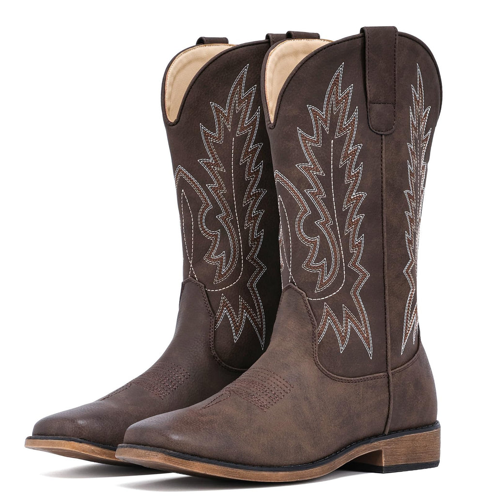 IUV Cowboy Boots For Women Square Toe Wide Western Boots Mid Calf Cowgirl Boots Pull On Embroidered Brown Cowboy Boots
