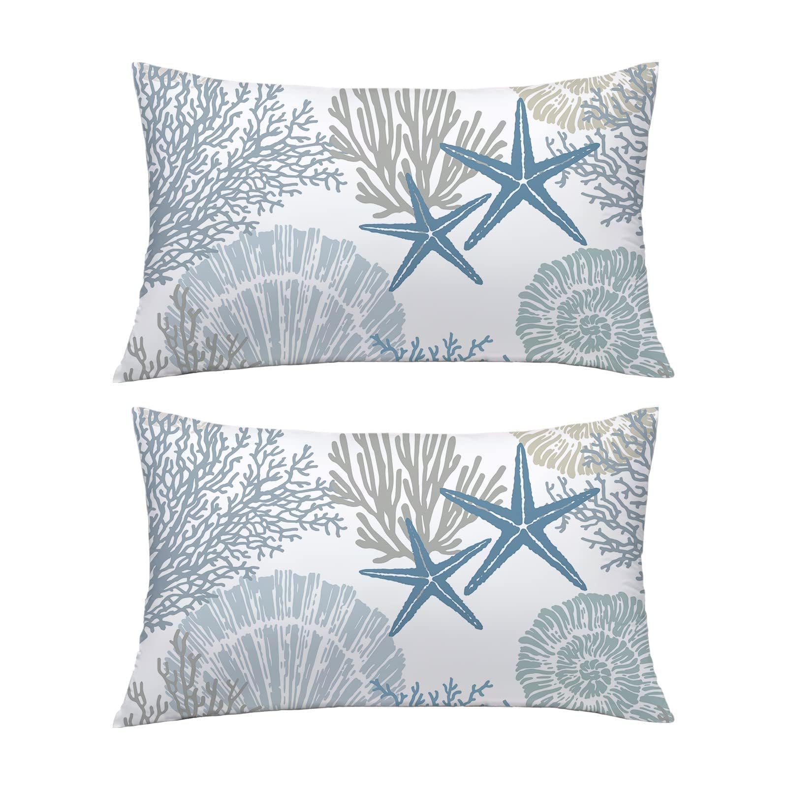 Tritard Nautical Coastal Throw Pillow Covers 16x16 Set of 2 Beach Themed Ocean Seashell Coral Starfish Velvet Couch Decorative Pillow Cases Outdoor Sofa Cushion Cover for Bedroom Living Room, Blue