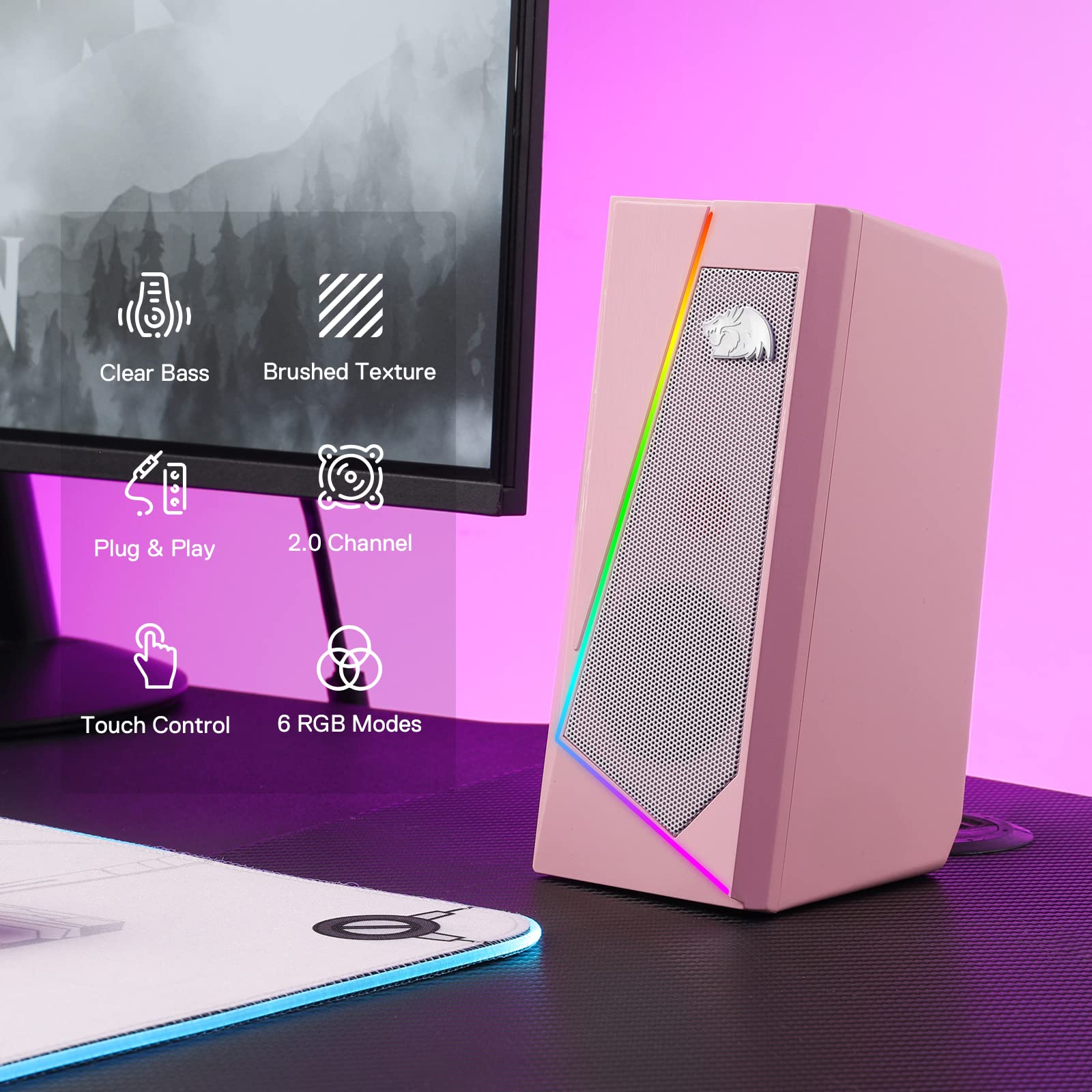 Redragon GS520 RGB Desktop Speakers, 2.0 Channel PC Computer Stereo Speaker with 6 Colorful LED Modes, Enhanced Sound and Easy-Access Volume Control, USB Powered w/ 3.5mm Cable