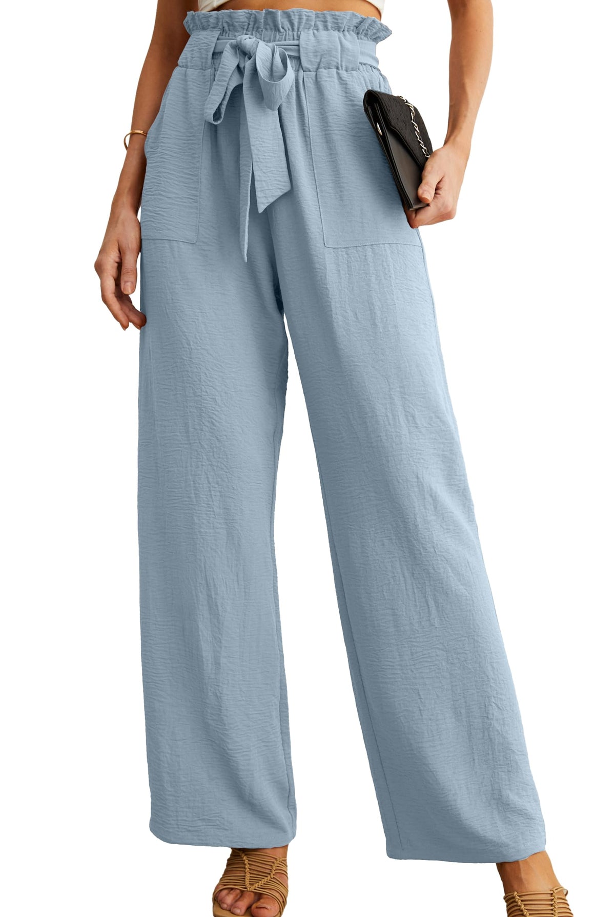 IWOLLENCE Women High Waist Palazzo Pants, Adjustable Knot Ankle Wide Leg Trousers Pockets Beach Vacation Lounge Office