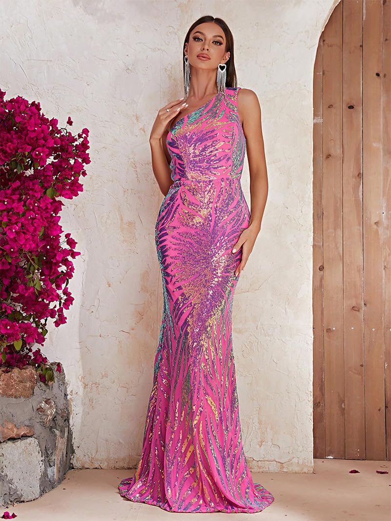 Giffniseti Women's One Shoulder Holographic Sequin Dresses Evening Gown Formal Prom Maxi Dress