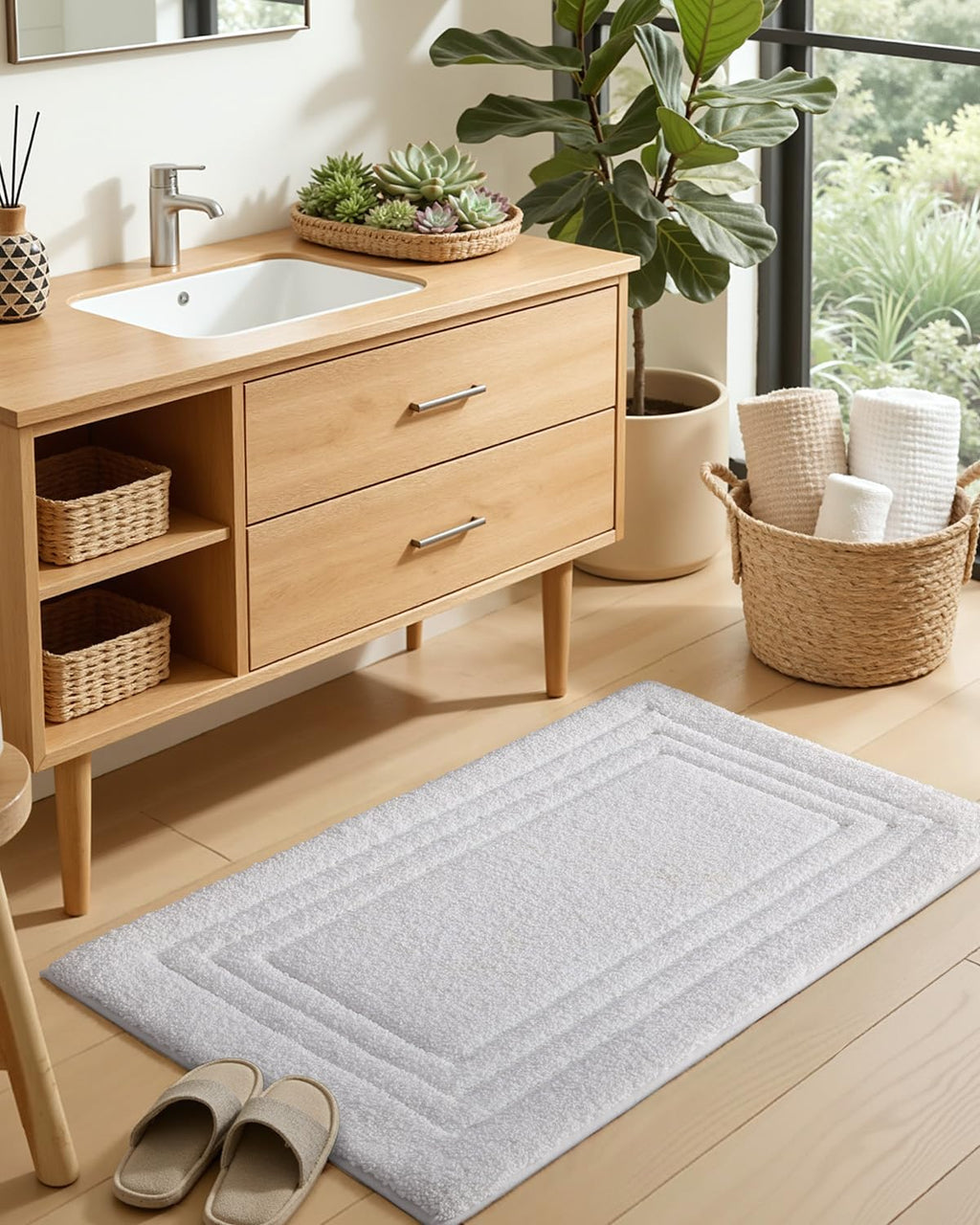 DEXI Bath Mats Bathroom Rug, 32x20 Non Slip Bathroom Rugs Washable, Absorbent Bathmat Quick Dry for Shower Floor Sink, Beige