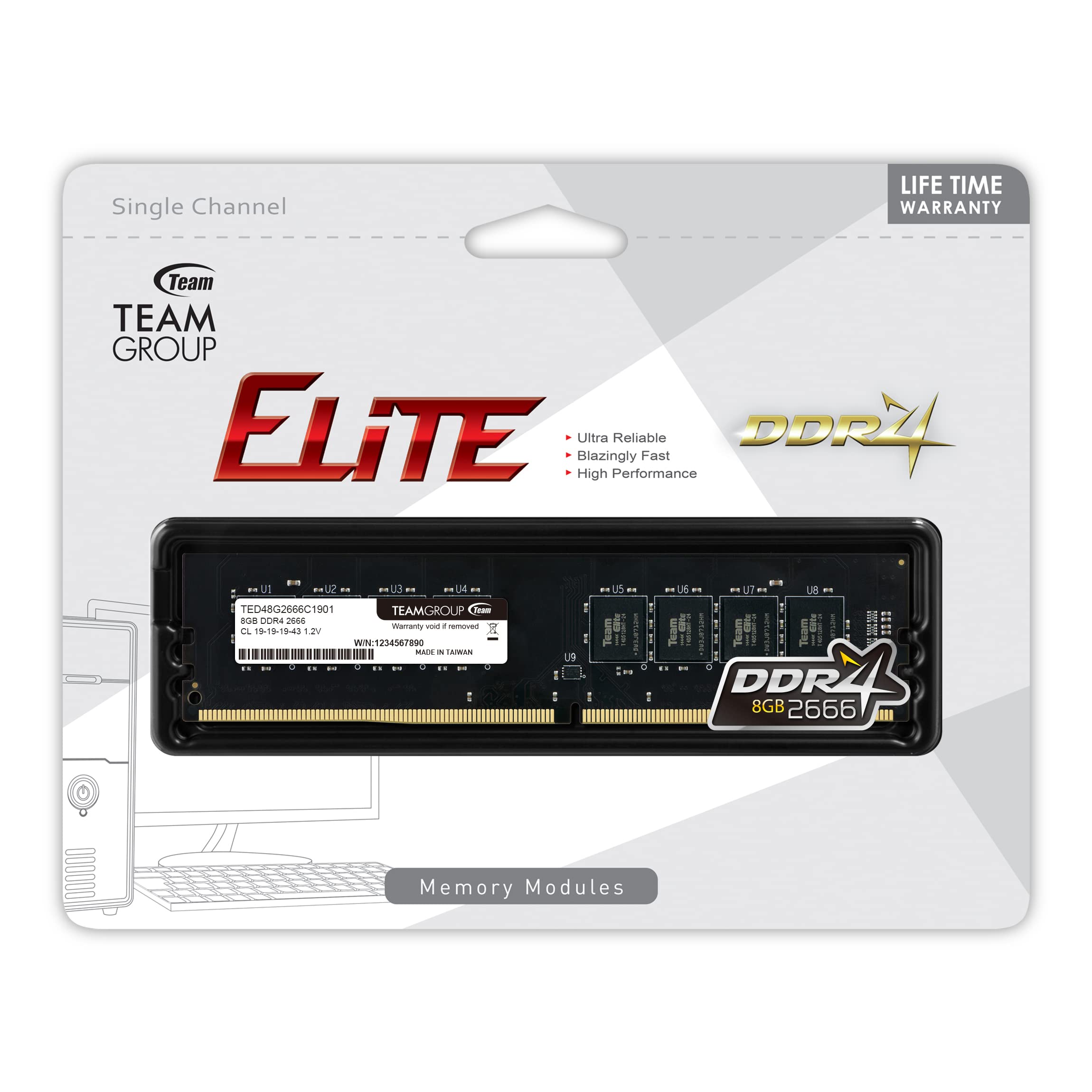 TEAMGROUP Elite DDR4 8GB Single 2666MHz PC4-21300 CL19 Unbuffered Non-ECC 1.2V UDIMM 288 Pin PC Computer Desktop Memory Module Ram - TED48G2666C1901