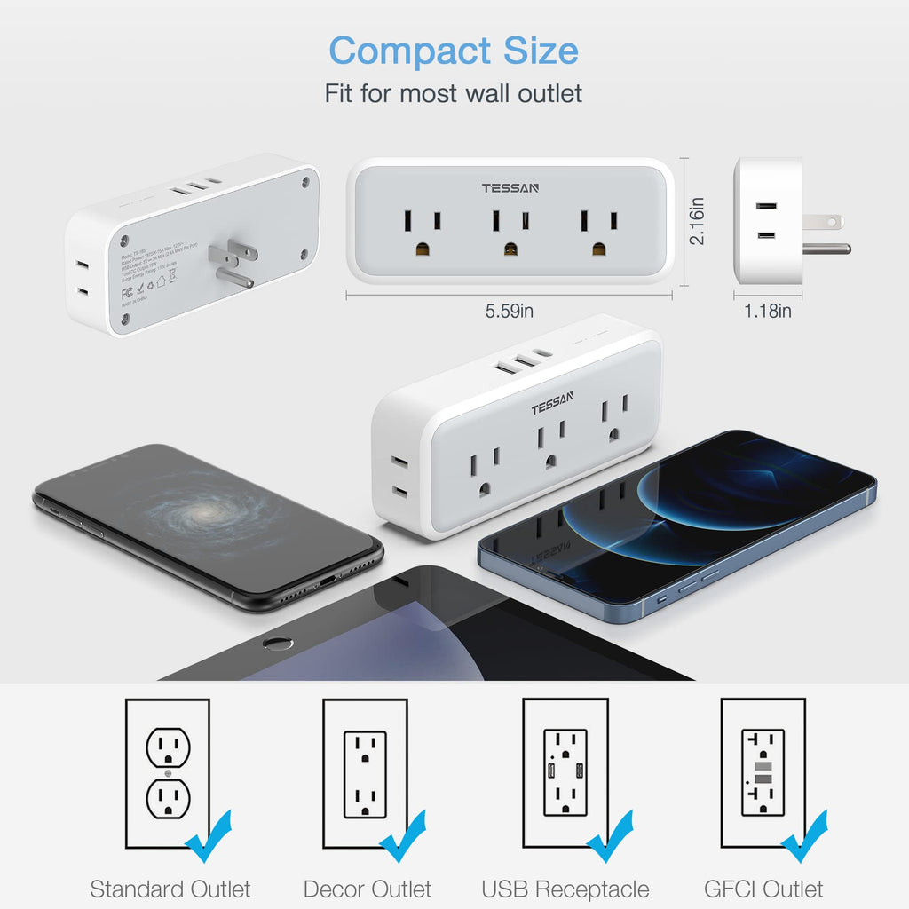 Multi Plug Outlet Extender, TESSAN Surge Protector Wall Plug Splitter with 5 Electrical Outlet Expander, Multiple Plug Adapter for Travel Home Office