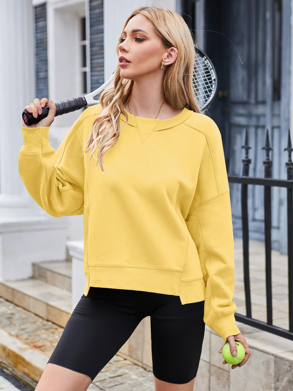 MEROKEETY Women's Oversized Cropped Sweatshirts Crewneck Trendy Workout Pullover Sweater Fall Outfits
