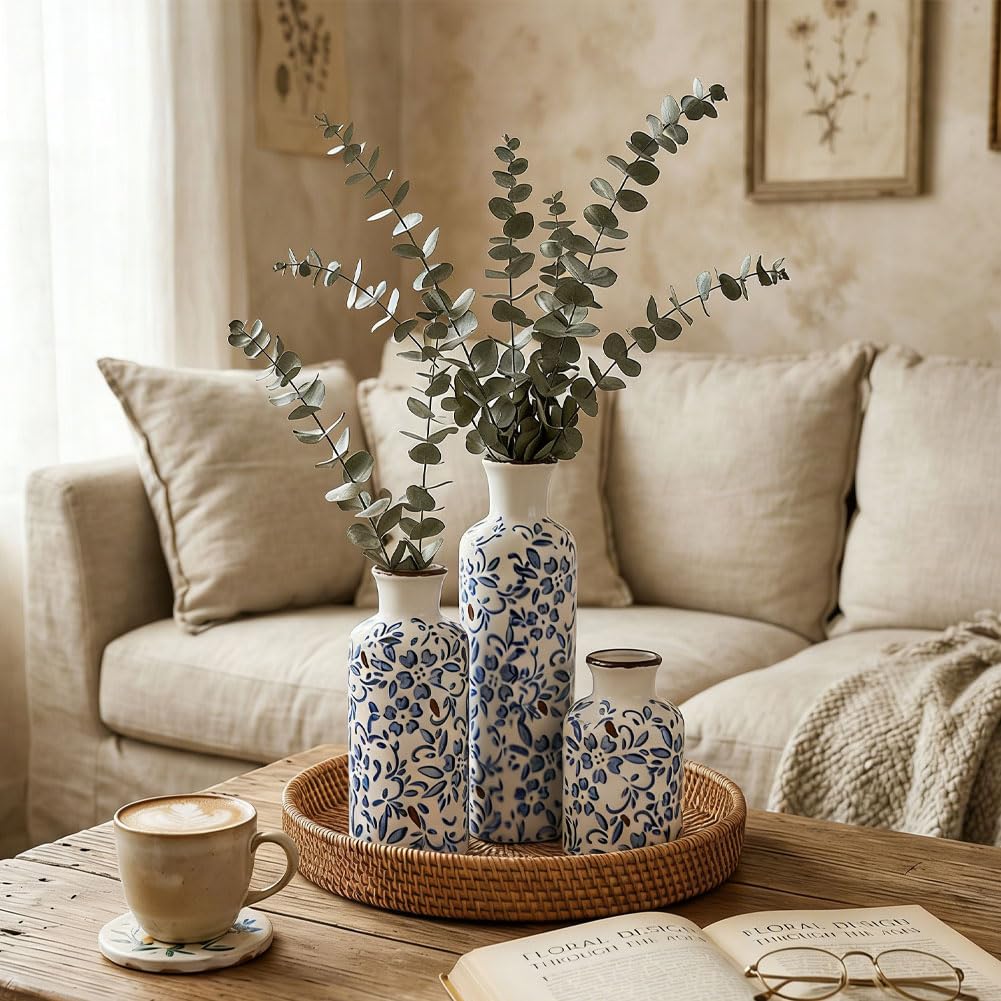 Ceramic Vase Set - 3 Ceramic Small Vases, Farmhouse Country Flower Vase Home Decor, Living Room Decoration, Table Decoration, Fireplace Decor, and Entrance Decorations Centerpieces