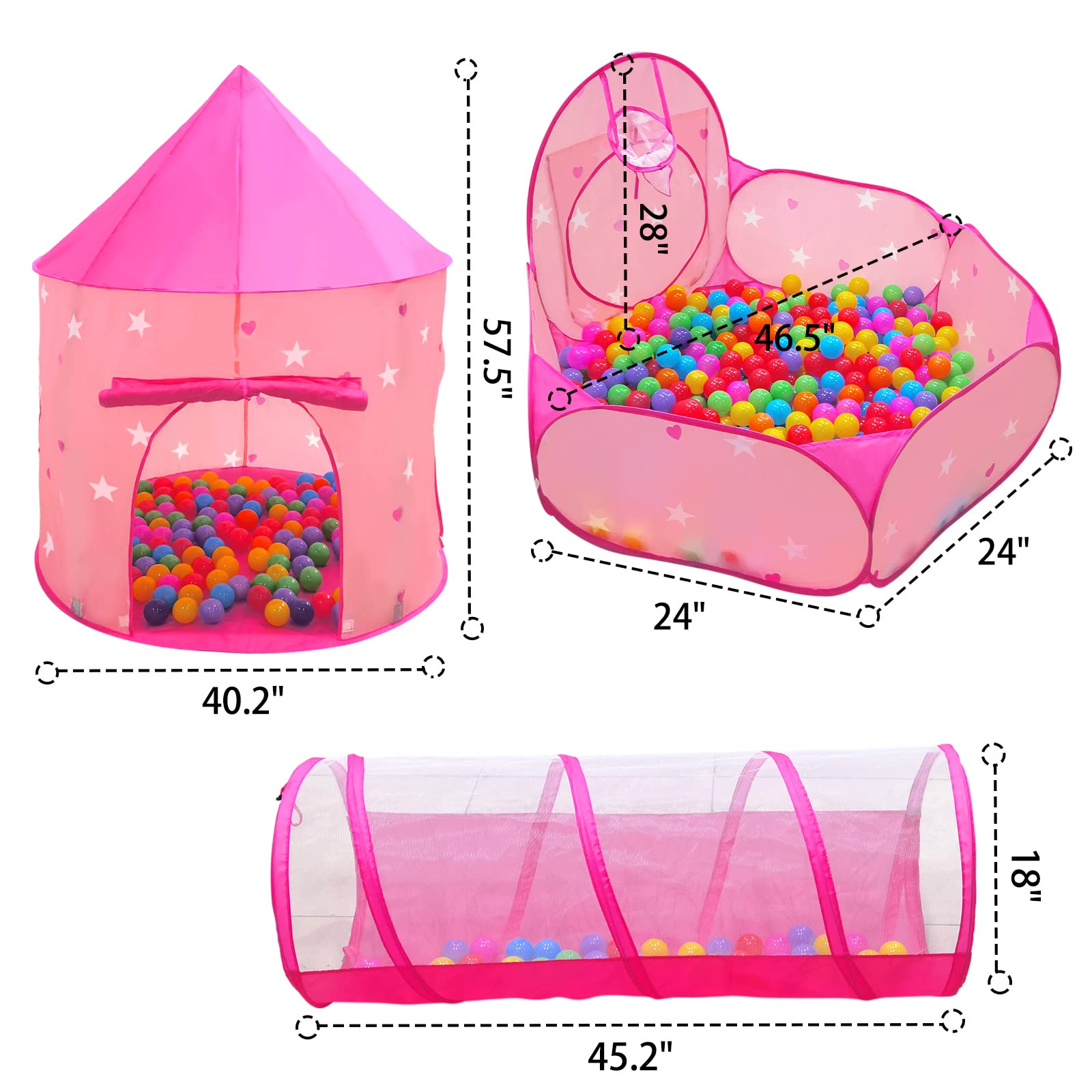 GeerWest 3PC Dinosaur Tent for Girls with Kids Ball Pit, Kids Play Tents and Crawl Tunnel for Toddlers, Pink Pop Up Playhouse Toys for Baby Indoor& Outdoor Tent Games, Birthday Kid’s Gifts