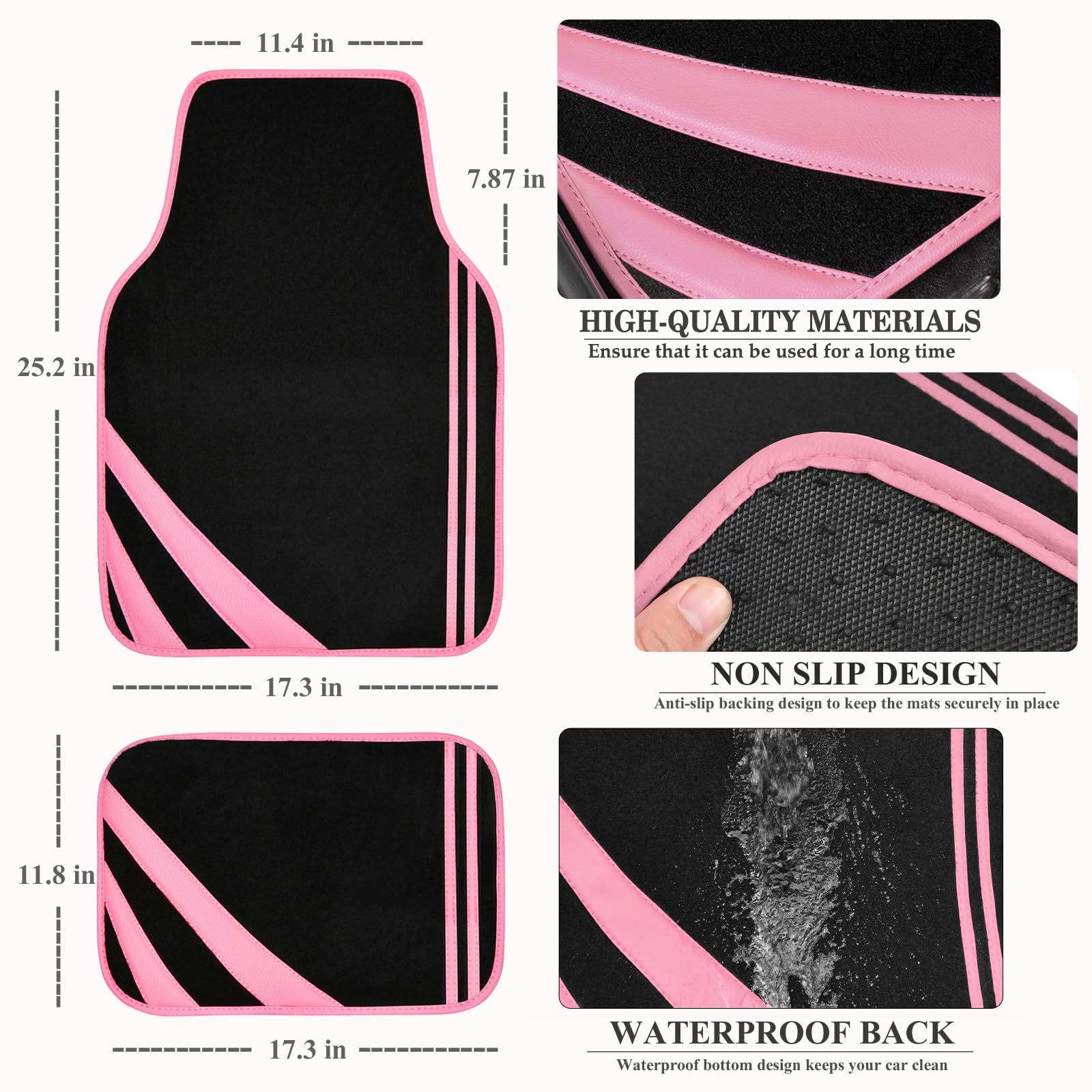 CAR PASS Car Seat Covers Full Set for Women Girls with Waterproof Car Floor Mats,Anti-Slip Leather Steering Wheel Cover,Universal Fit for SUVs,Vans,Trucks,Sedans,Cars (Combo Set,Black & Pink)