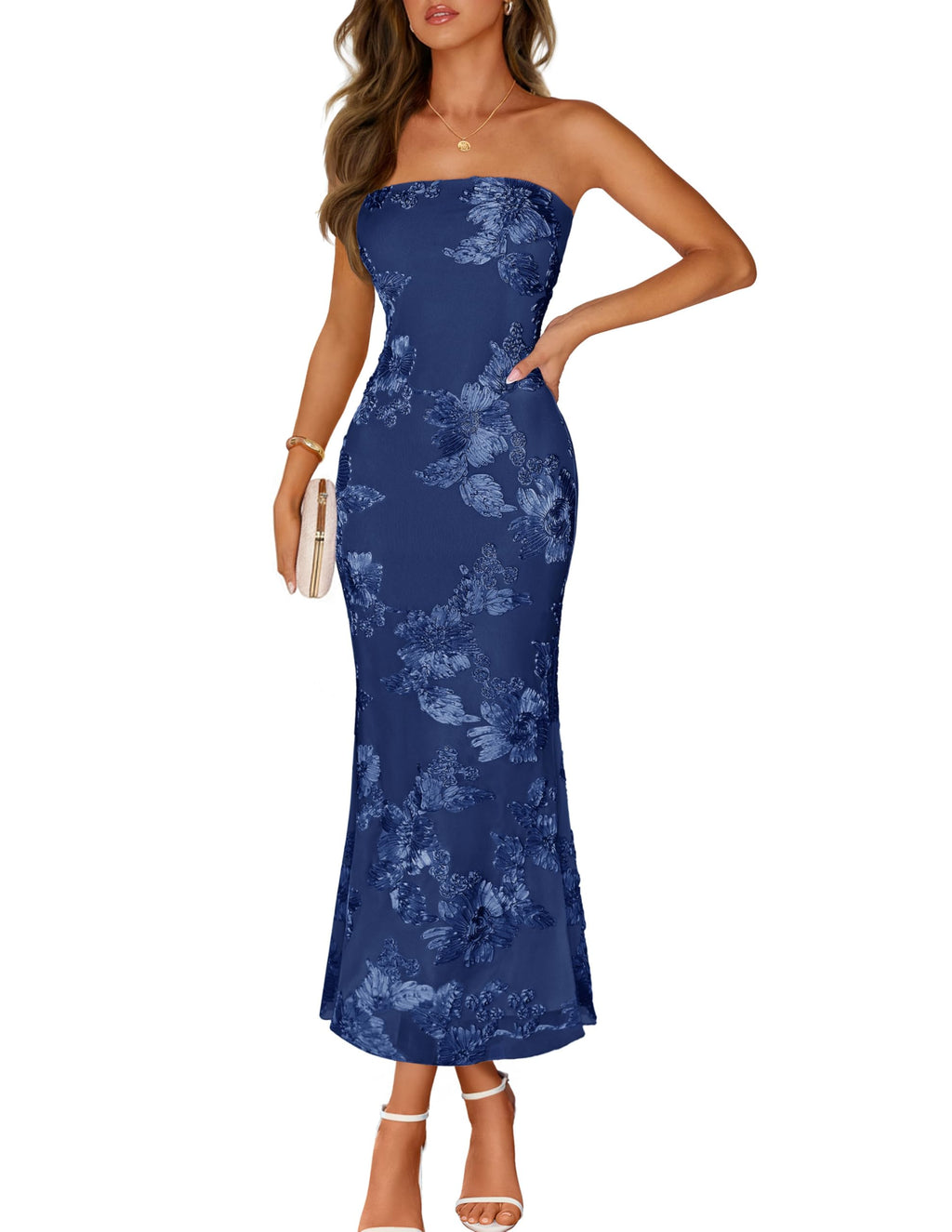 MEROKEETY Women's Floral Strapless Maxi Dress 2026 Summer Mesh Tube Bodycon Formal Wedding Guest Cocktail Party Long Dresses