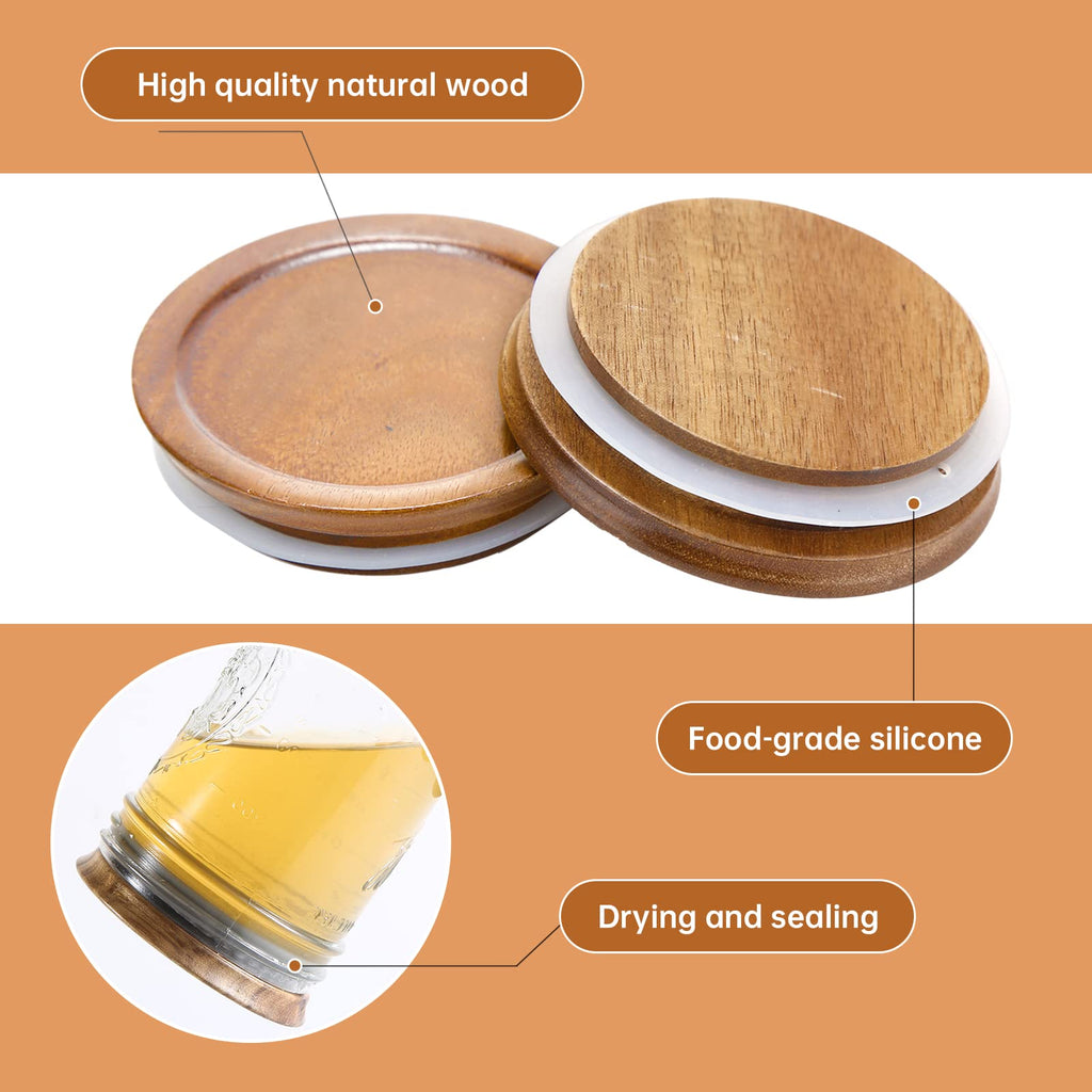 6 Pack Wide Mouth Mason Jar Lids Reusable canning lids Acacia Wooden mason jar Lids with Airtight Silicone Seal, Brown (6PCS Wide Lids)