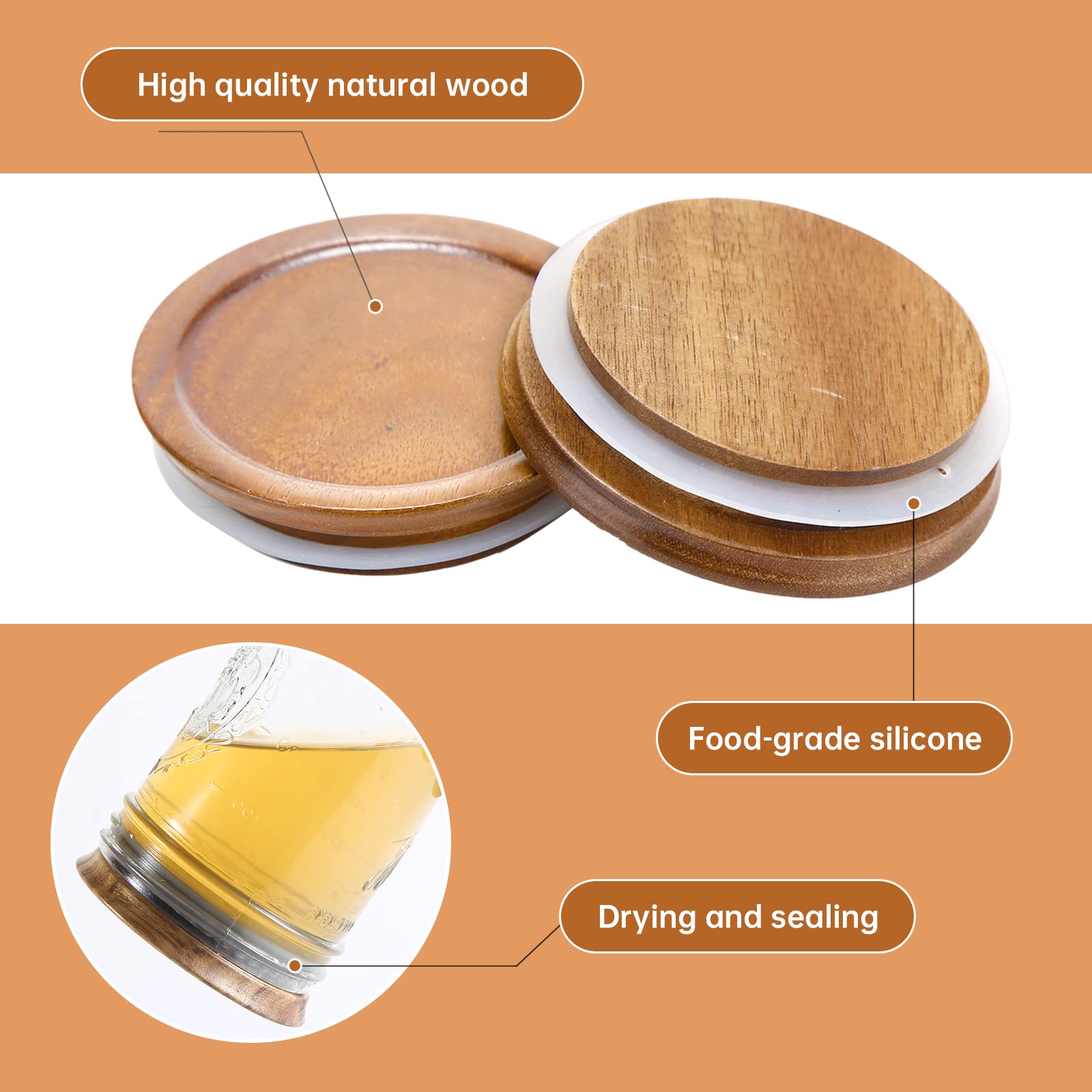 6 Pack Wide Mouth Mason Jar Lids Reusable canning lids Acacia Wooden mason jar Lids with Airtight Silicone Seal, Brown (6PCS Wide Lids)