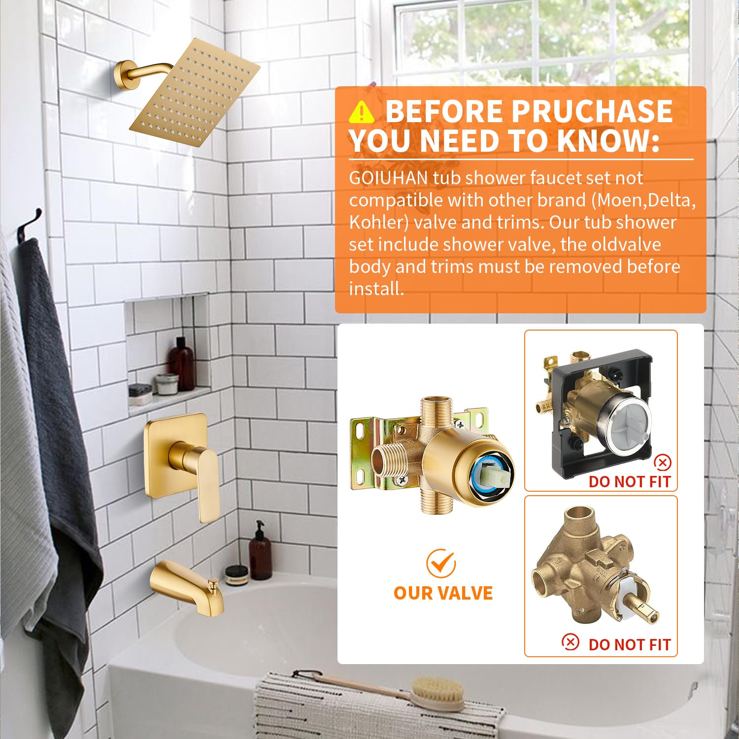 Gold Brushed Tub Shower Faucet Set With 8" Shower Head & Spout
