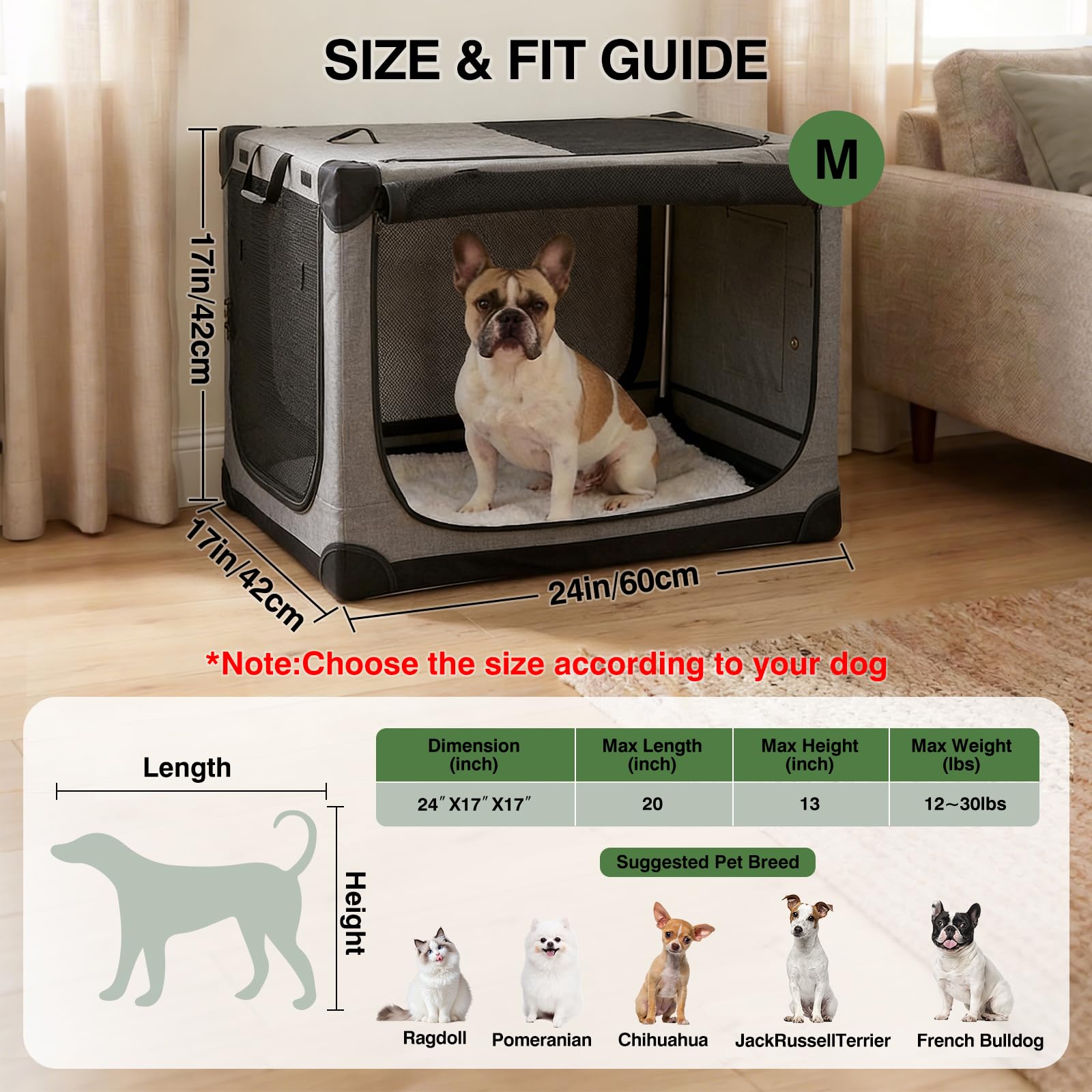 Veraste 24" L x 17" W x 17" H Collapsible Travel Dog Crate, Portable Soft Dog Kennel for Small Medium Pets up to 30 lbs, 4-Door Foldable Travel Crate with Durable Mesh & Storage Bag, Black