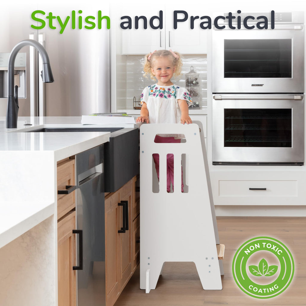 OCODILE Toddler Tower with a Sliding Door and 3 Adjustable Heights - Safe Toddler Kitchen Step Helper with Support Feet - Updated Design for 18+ Months to 6-Year-Old Kids - Gray