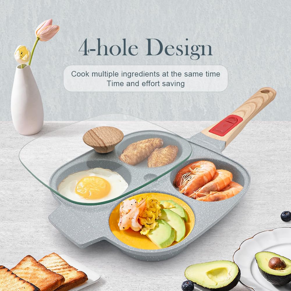 RANX INGST Ceramic Egg Frying Pan, Nonstick 4 Cup Fried Egg Pan with Detachable Handle, Omelette Pan Induction Compatible - Blue