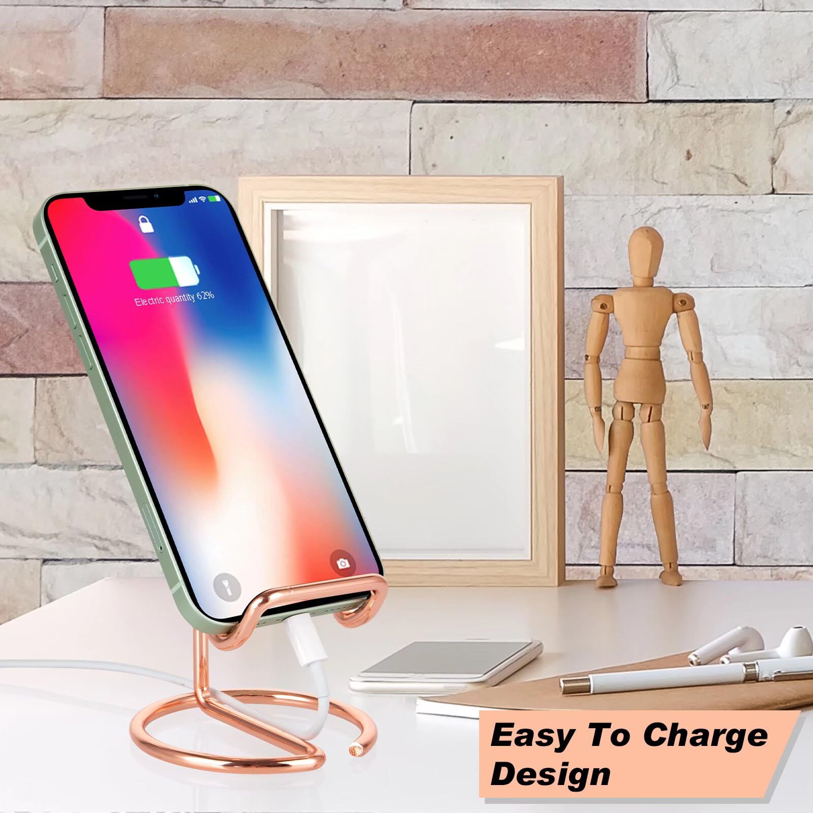 ROPOSY Cell Phone Stand for Desk, Cute Metal Black Cell Phone Stand Holder Desk Accessories, Compatible with All Mobile Phones, iPhone, iPad