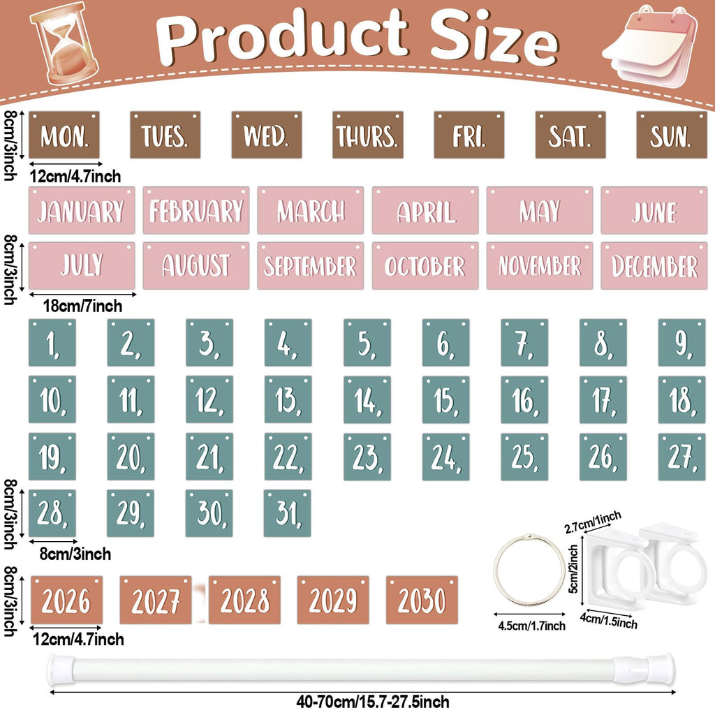 Boho Flip Calendar for Classroom Bulletin Board Set Boho Rainbow Calendar Class Whiteboard Decor with 2026 to 2030 Years Date Cards and Adjustable Rod for Home Elementary School Teacher Supplies