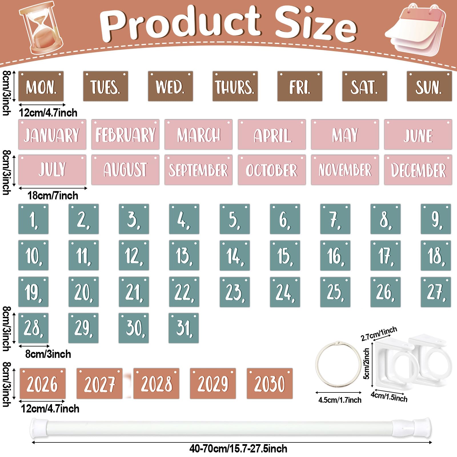 Boho Flip Calendar for Classroom Bulletin Board Set Boho Rainbow Calendar Class Whiteboard Decor with 2026 to 2030 Years Date Cards and Adjustable Rod for Home Elementary School Teacher Supplies