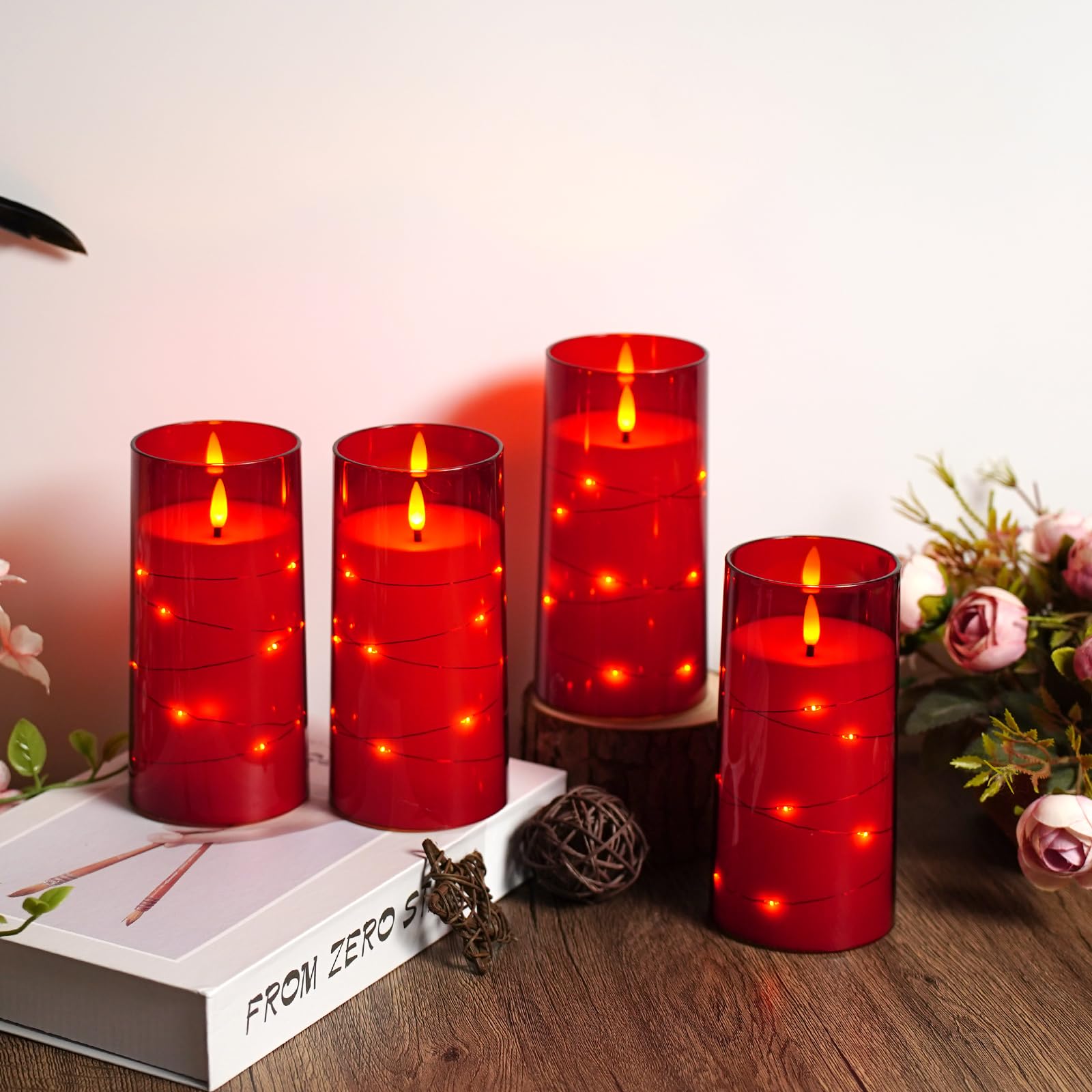 Flickering Flameless Candles with Remote Timer, 6pcs LED Battery Operated Candles with Embedded String Lights Red, Same Size D3 H6