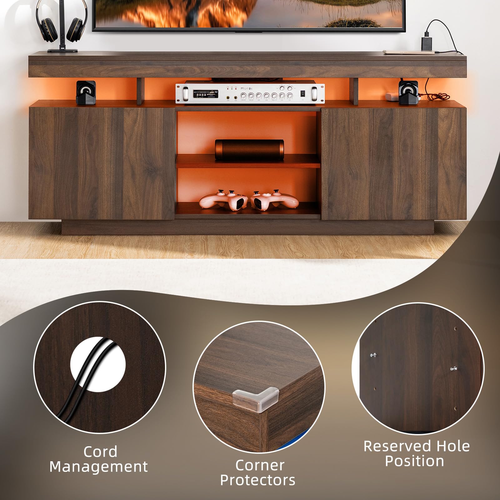 HOMMPA Modern LED TV Stand for 55 Inch TV, Black Tall TV Console with Power Outlet, Entertainment Center with Storage, High Gloss Gaming Media Console Cabinet for Living Room (47 Inch)