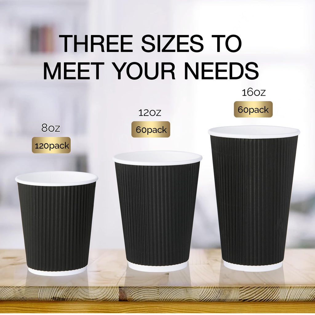 JollyPack 60 Pack 12 oz Paper Coffee Cups, Black Disposable Beverage Cups with Insulated Ripple Wall for Coffee, Tea, and Hot Chocolate
