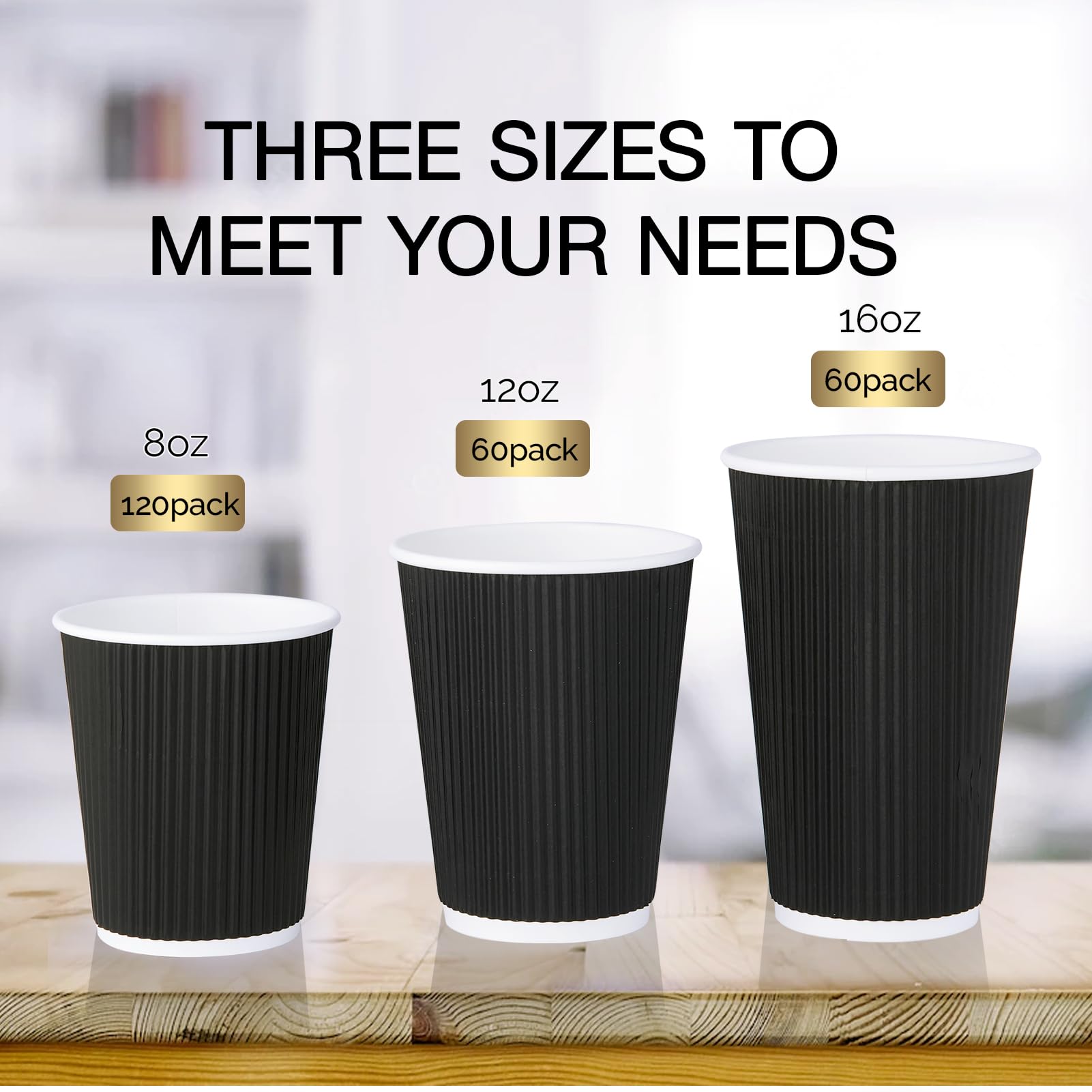JollyPack 60 Pack 12 oz Paper Coffee Cups, Black Disposable Beverage Cups with Insulated Ripple Wall for Coffee, Tea, and Hot Chocolate