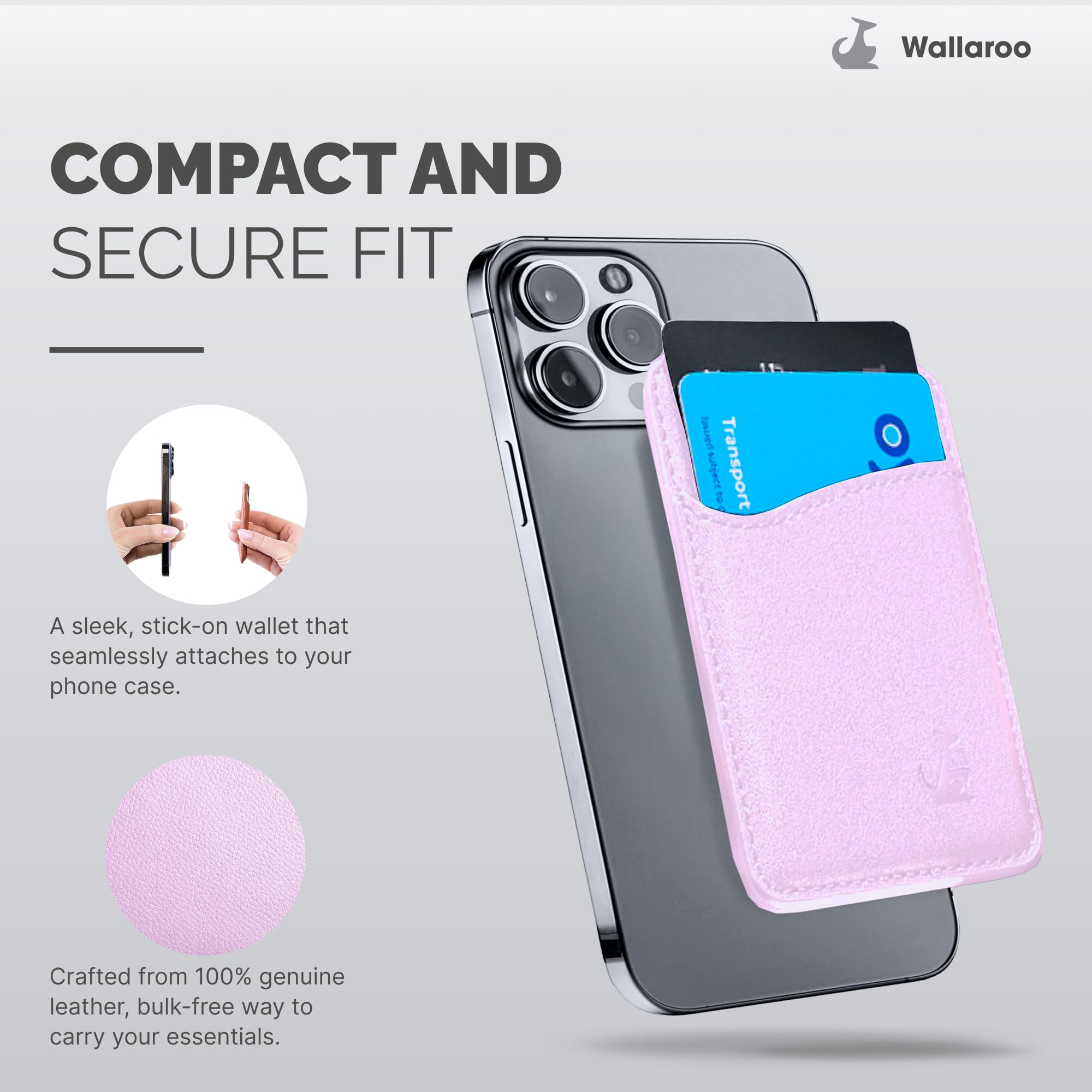 Wallaroo Premium Leather Cell Phone Wallet Stick On - Android and iPhone Wallet and Card Holder for Women and Men - Durable with Non-Slip Lining Secures Up to 3 Cards