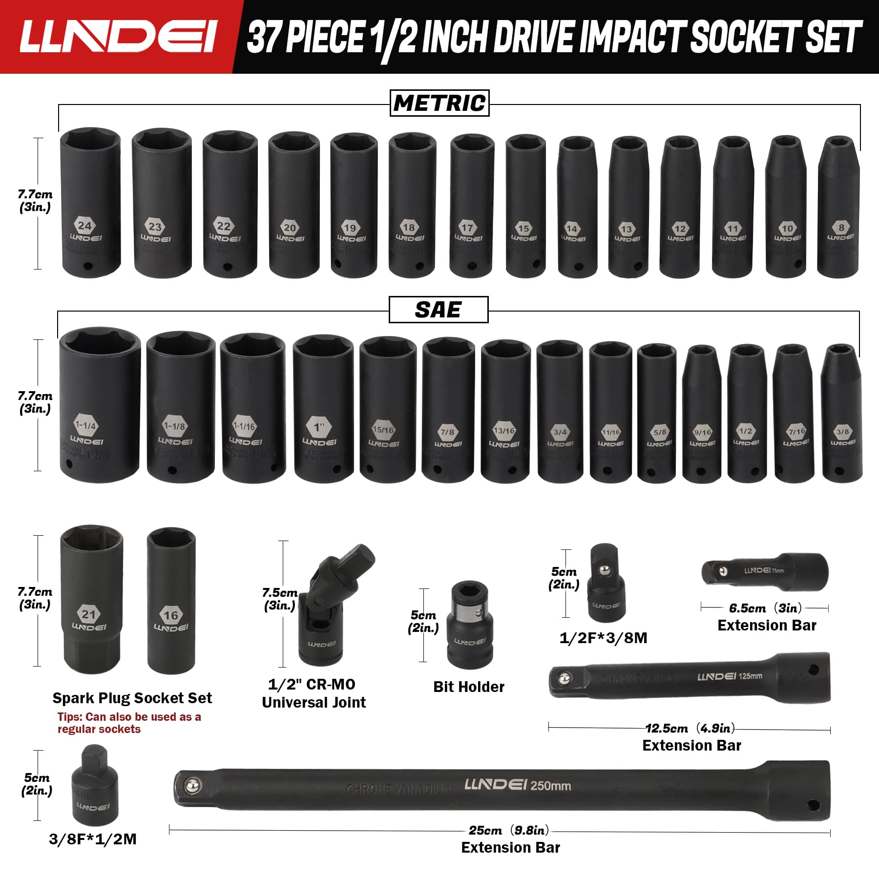 LLNDEI 1/2 inch Drive Deep Impact Socket Set, 37 Piece Standard SAE 3/8" to 1-1/4" | Metric 8 to 24mm, Includes Spark Plug Socket (16, 21mm), CR-MO Universal Joint, Extension Bars and Adapter