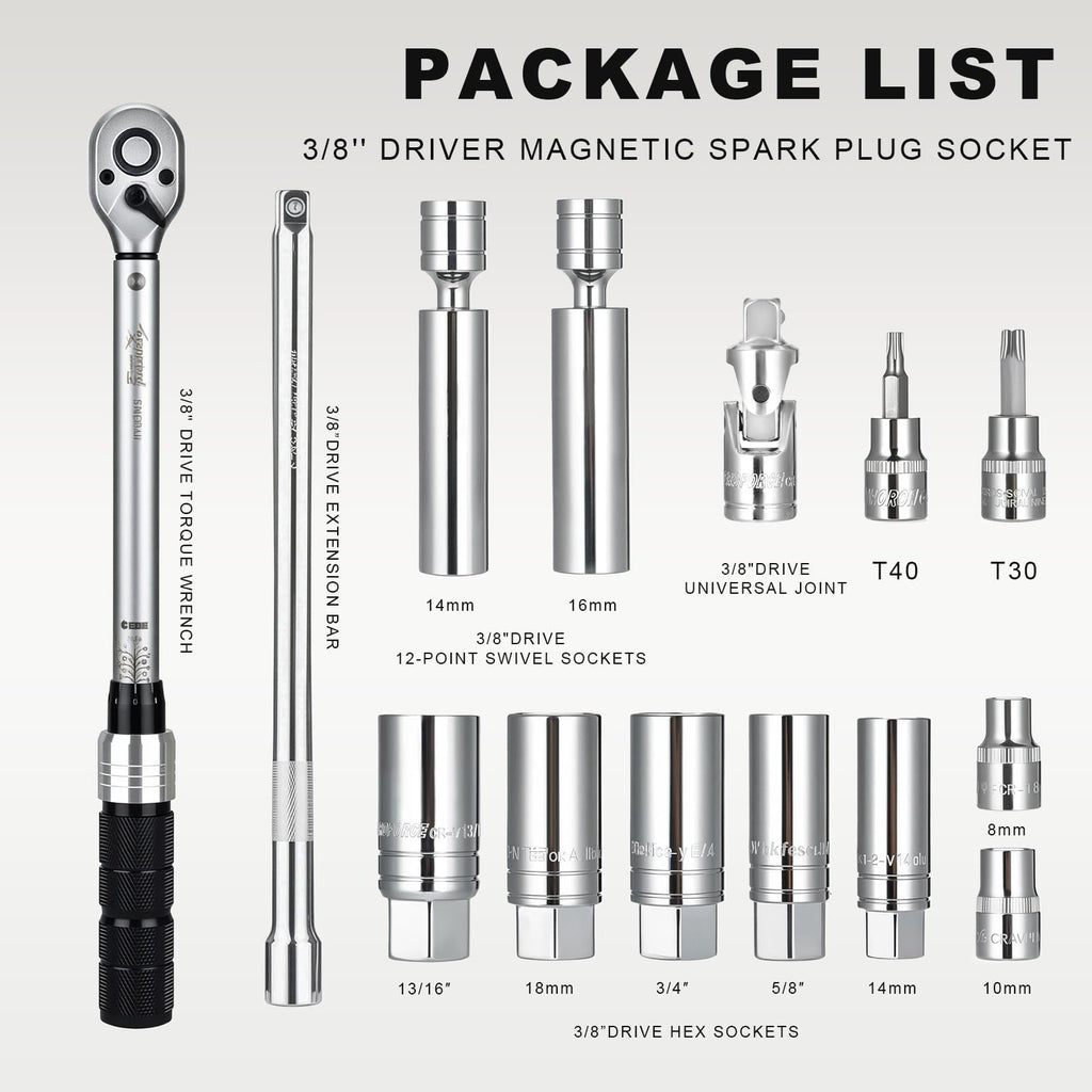 AEROFORCE 3/8-Inch Drive Spark Plug Socket Set 8PCS - Includes 6 Point Sockets 5/8-inch, 3/4-inch and 13/16-inch, 12 Point Sockets 14mm&18mm, 2 Extension Bars,Universal Joint