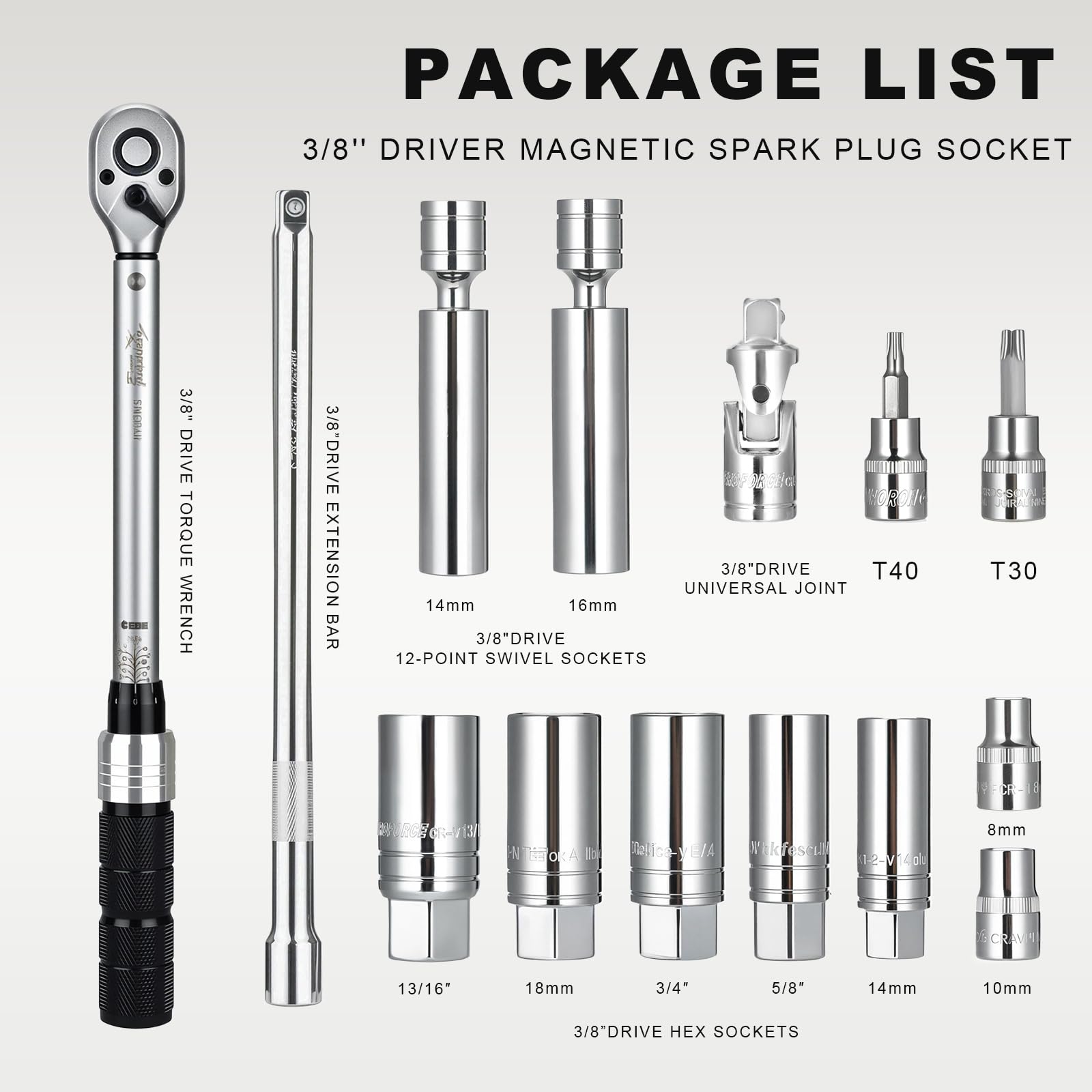 AEROFORCE 3/8-Inch Drive Spark Plug Socket Set 8PCS - Includes 6 Point Sockets 5/8-inch, 3/4-inch and 13/16-inch, 12 Point Sockets 14mm&18mm, 2 Extension Bars,Universal Joint