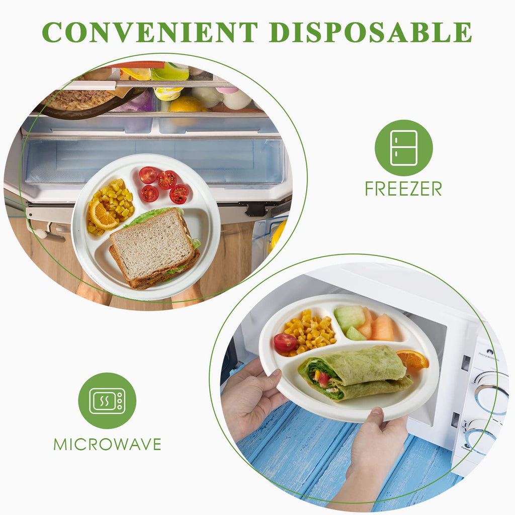 Vplus 100% Compostable Paper Plates, 500 Pack 10 Inch 3 Compartment Plates Disposable, Heavy Duty Biodegradable, Made of Sugar Cane Fibers, for Daily meals, Dinner, Parties, BBQ