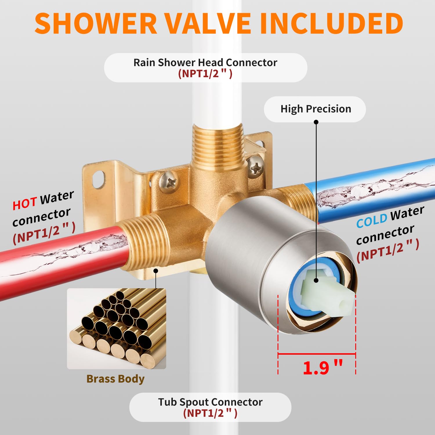 Gold Brushed Tub Shower Faucet Set With 8" Shower Head & Spout