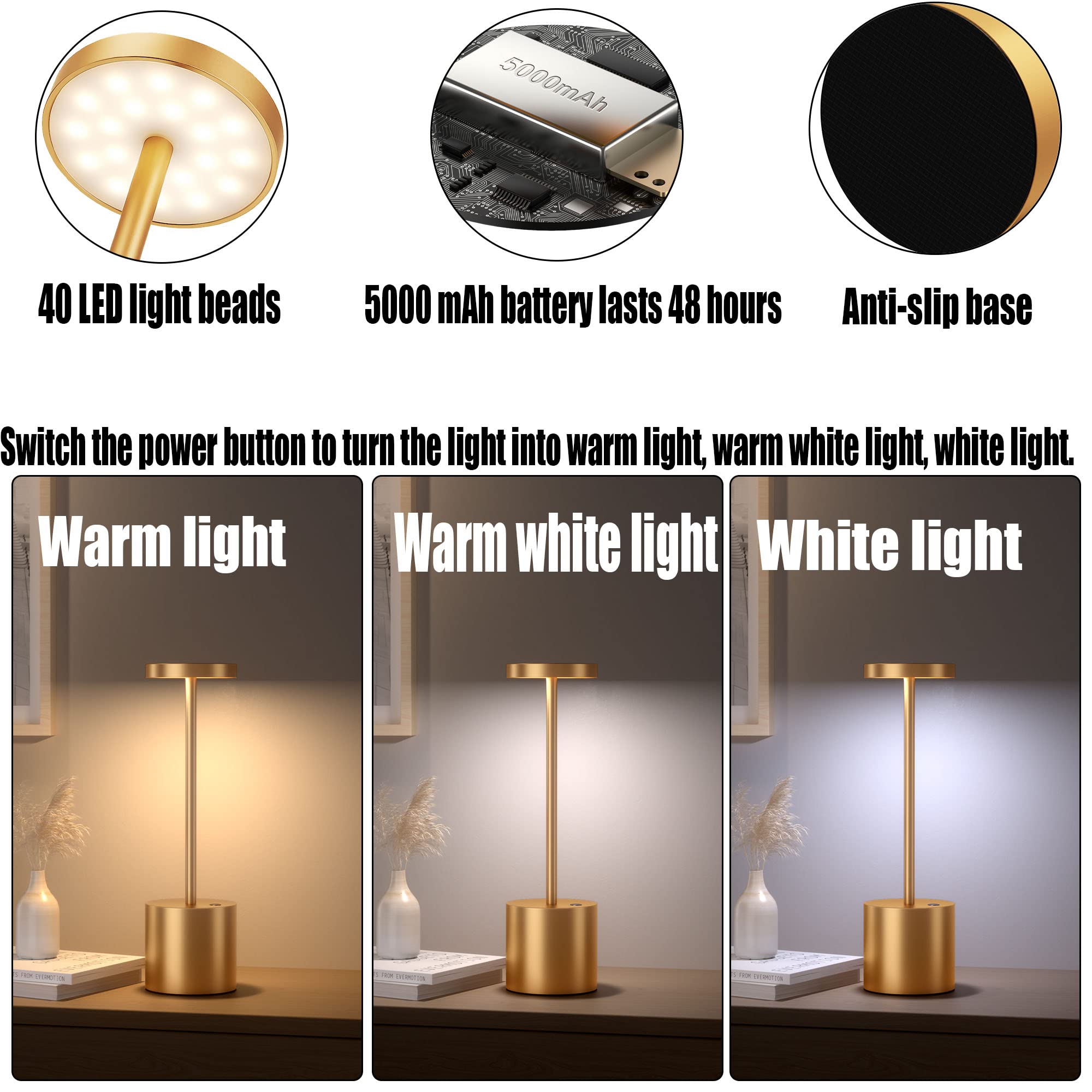 2Pack Cordless Table Lamp, Rechargeable LED Battery 5000mAh Metal USB Portable Powered Desk Lamp, 3 Levels Brightness Light for Restaurants Outdoor (2pack 10.25in Titanium)
