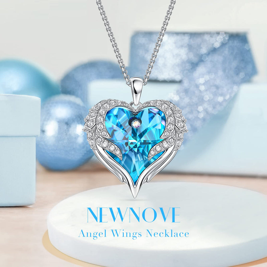 NEWNOVE Preserved Real Light Blue Rose with Angle Wings Necklace, Anniversary Birthday Gifts for Women Wife Girlfriend Mom Gift Ideas for Christmas Mothers Day Valentines Day, I Love You Gifts