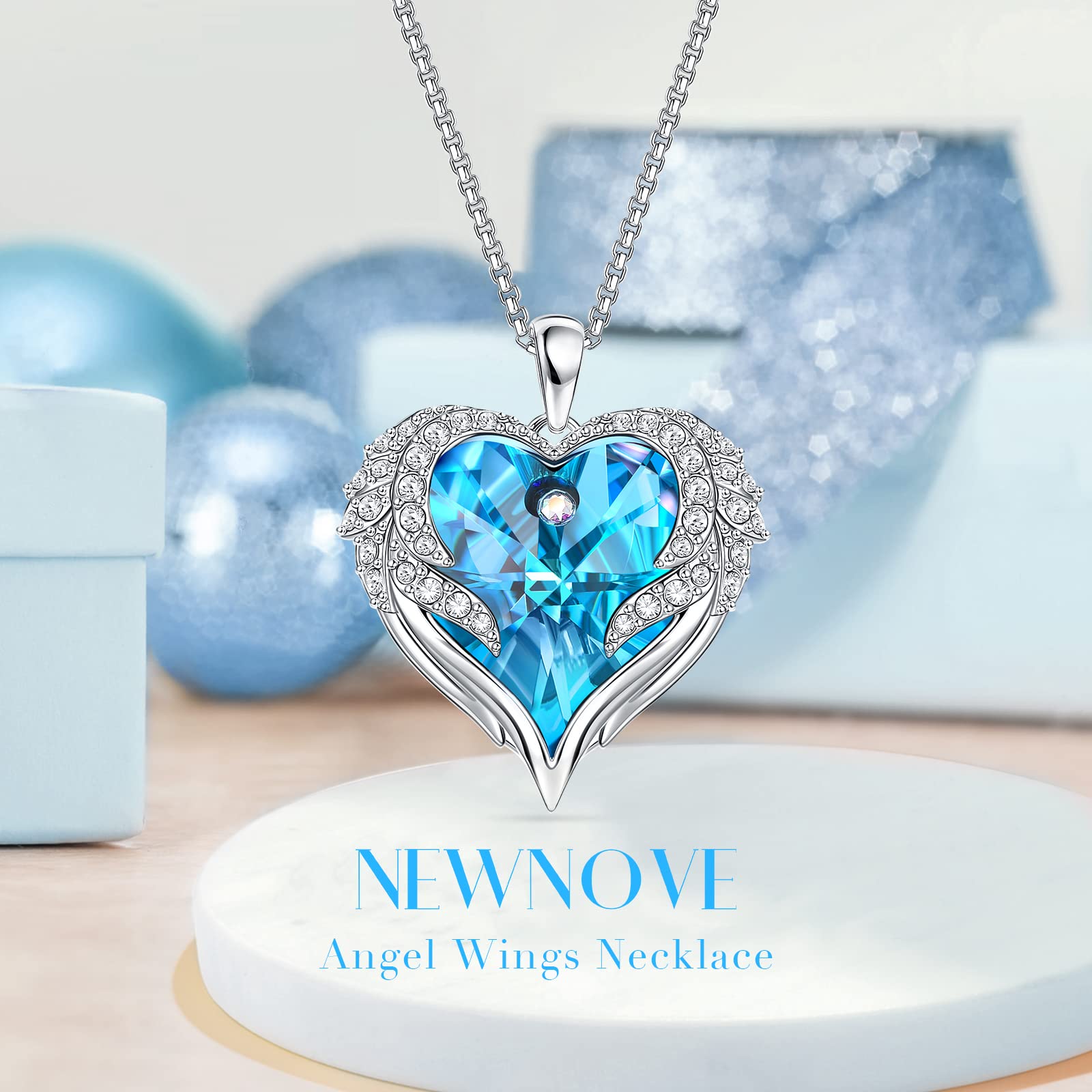NEWNOVE Preserved Real Light Blue Rose with Angle Wings Necklace, Anniversary Birthday Gifts for Women Wife Girlfriend Mom Gift Ideas for Christmas Mothers Day Valentines Day, I Love You Gifts