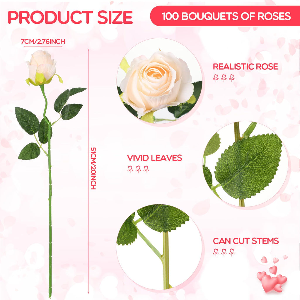 Jexine 100 Pieces Artificial Roses Flowers Bulk, Long Stem Realistic Fake Silk Roses Bouquet for Table Centerpiece Vases Wedding Party Kitchen Decor(Beige)