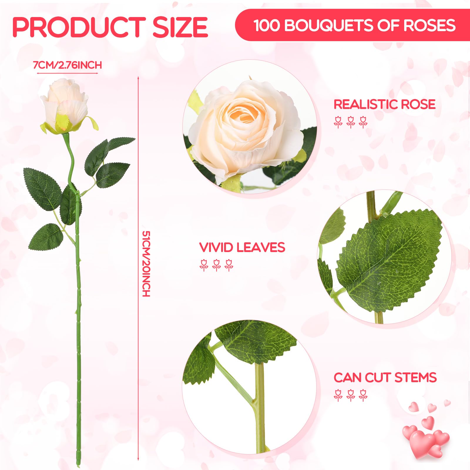 Jexine 100 Pieces Artificial Roses Flowers Bulk, Long Stem Realistic Fake Silk Roses Bouquet for Table Centerpiece Vases Wedding Party Kitchen Decor(Beige)